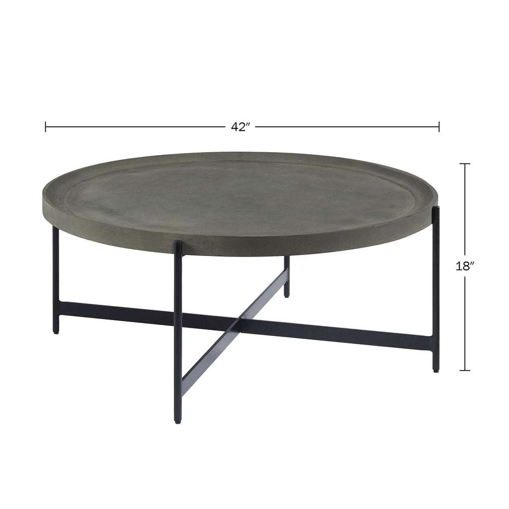 Alaterre Furniture Brookline 42-Inch Round Concrete-Coated Wood Coffee Table with Tray Top and Black Iron Legs – Industrial Farmhouse Living Room Accent Table with X-Frame Base