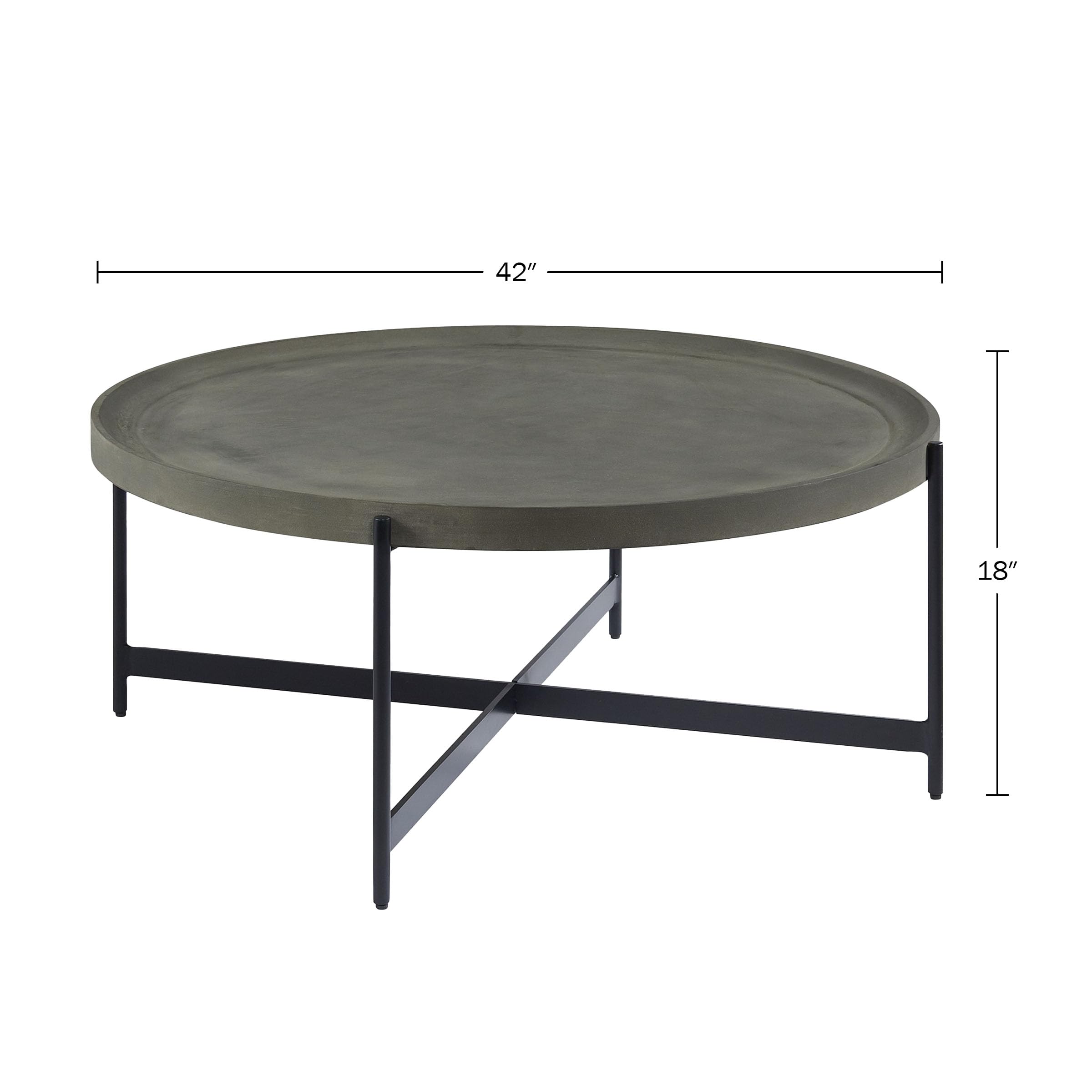 Alaterre Furniture Brookline 42-Inch Round Concrete-Coated Wood Coffee Table with Tray Top and Black Iron Legs – Industrial Farmhouse Living Room Accent Table with X-Frame Base