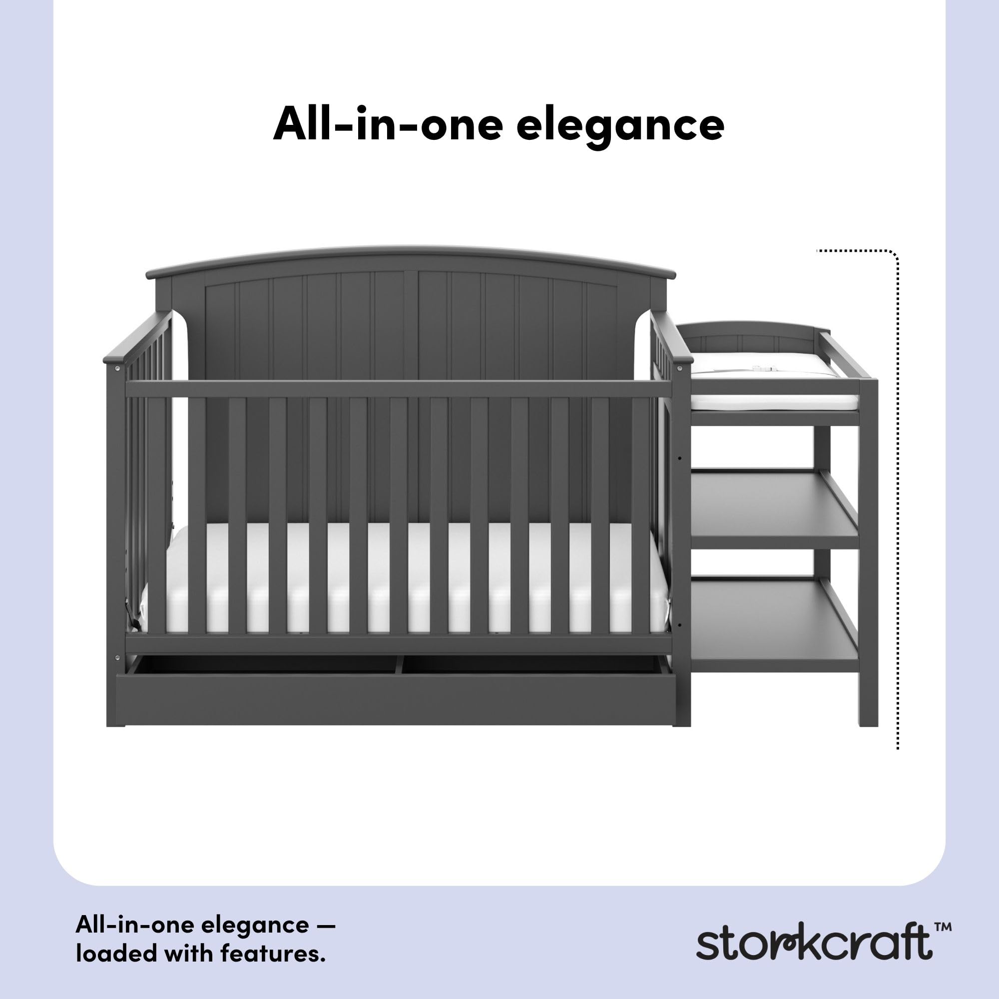 Storkcraft Steveston 5-in-1 Convertible Crib & Changer – GREENGUARD Gold Certified, Fits Standard Crib Mattress, Converts to Toddler Bed and Full Bed, 4 Adjustable Mattress Heights (Gray)