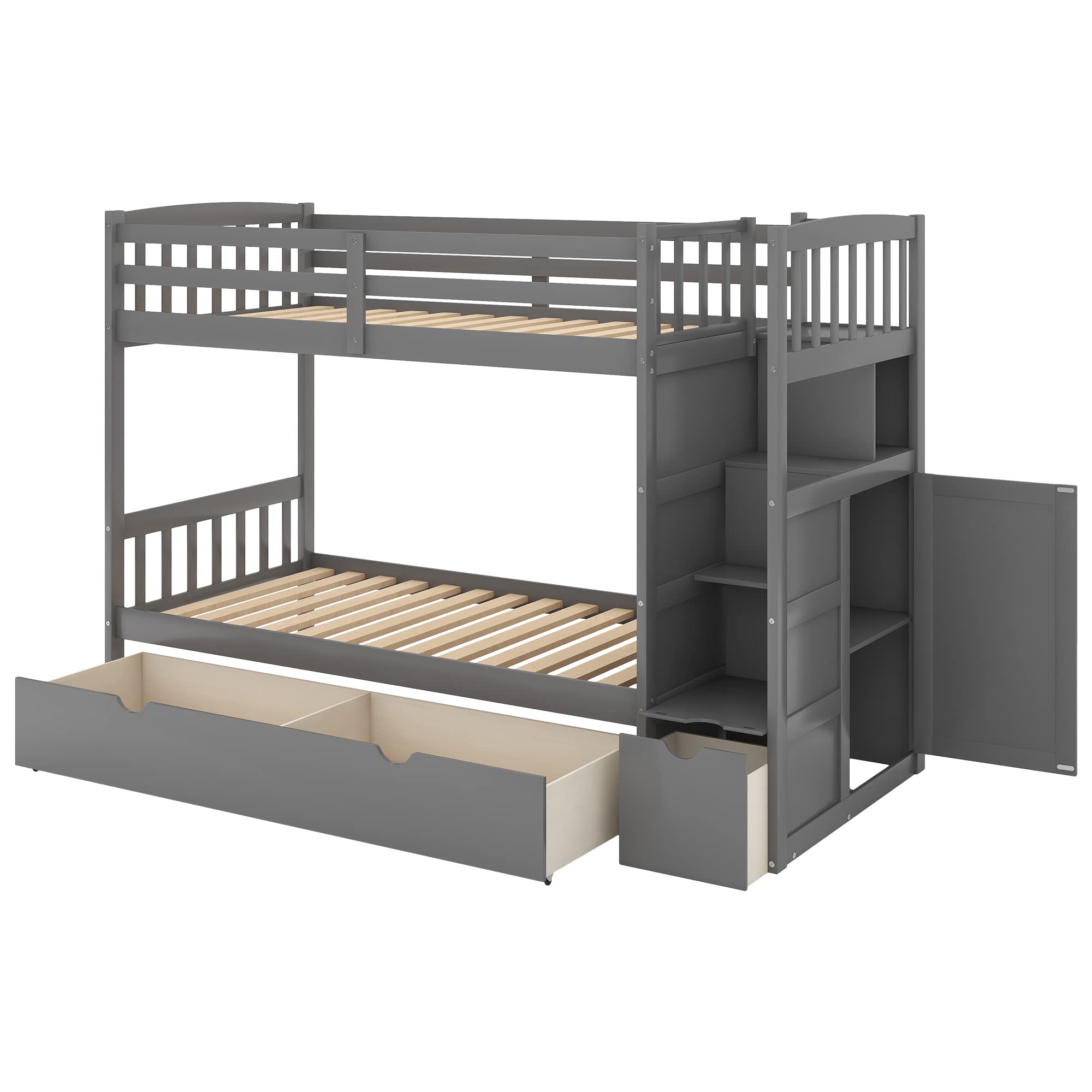 Merax Twin Over Full/Twin Bunk Bed with Stairs & Storage, 3-in-1 Convertible Bottom Bed with Storage Shelves and Drawers, Bunk Bed with Guardrails for Bedroom, Gray