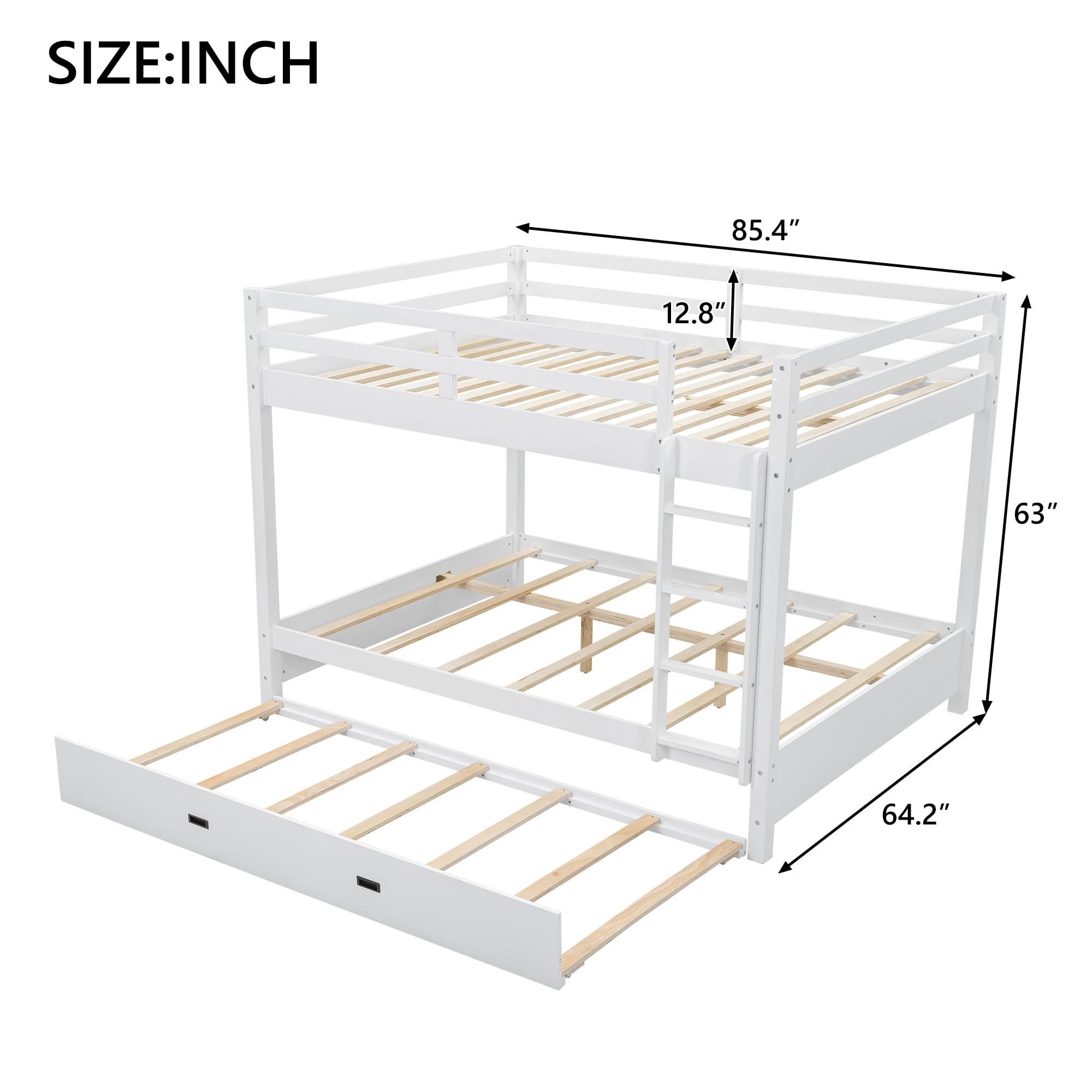 Bellemave Queen Over Queen Size Bunk Bed with Trundle for Kids/Adults,Solid Wood Bunk Bed Frame Queen Size with Ladder & Safety Guardrails,White