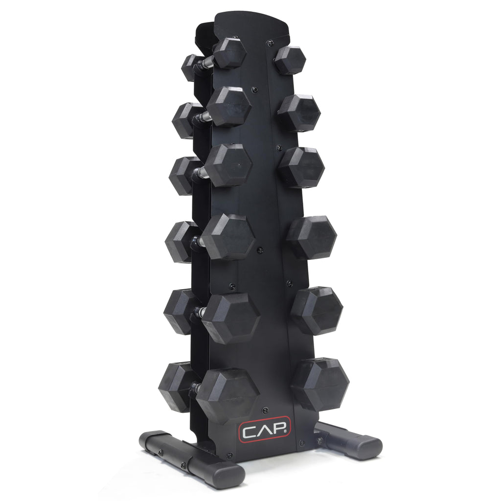 CAP 210 lb Rubber Coated Hex Dumbbell Set with Vertical Rack, Space-Saving Storage for Home Gym Strength Training, Chrome Handle, Black Rack