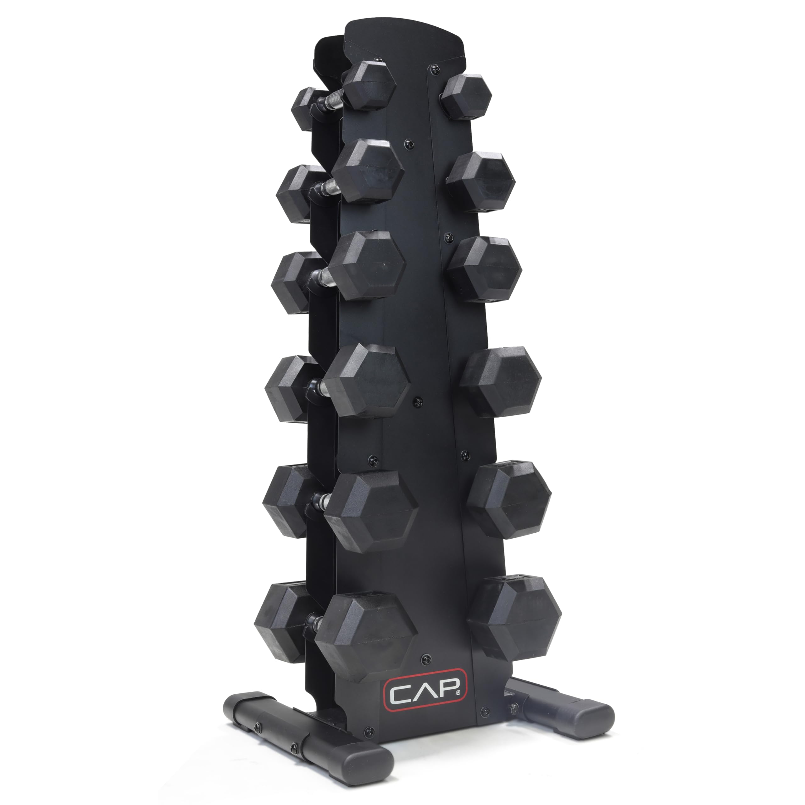 CAP 210 lb Rubber Coated Hex Dumbbell Set with Vertical Rack, Space-Saving Storage for Home Gym Strength Training, Chrome Handle, Black Rack