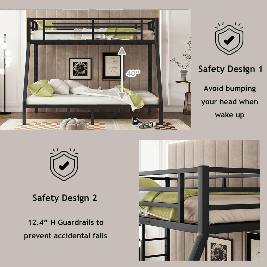 Bellemave Twin XL Over Queen Bunk Bed for Adults, Twin XL Over Queen Bunk Beds Frame with 2 Ladder and Full Length Guardrail, Easy Assemble, Mattress Not Included, Black