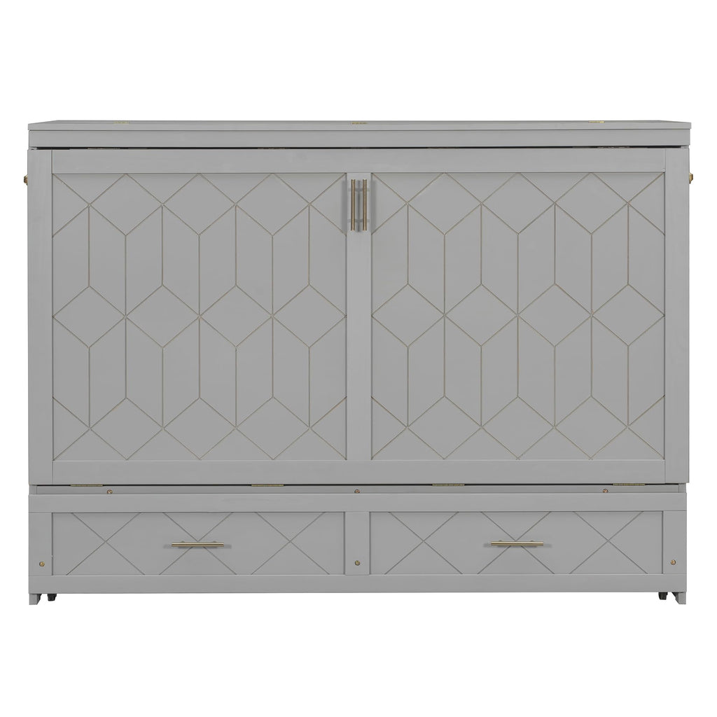 Merax Queen Size Murphy Cabinet Bed with Storage Drawers, Wall Murphy Bed with a Set of Sockets & USB Ports, Folding Platform Bed for Small Room