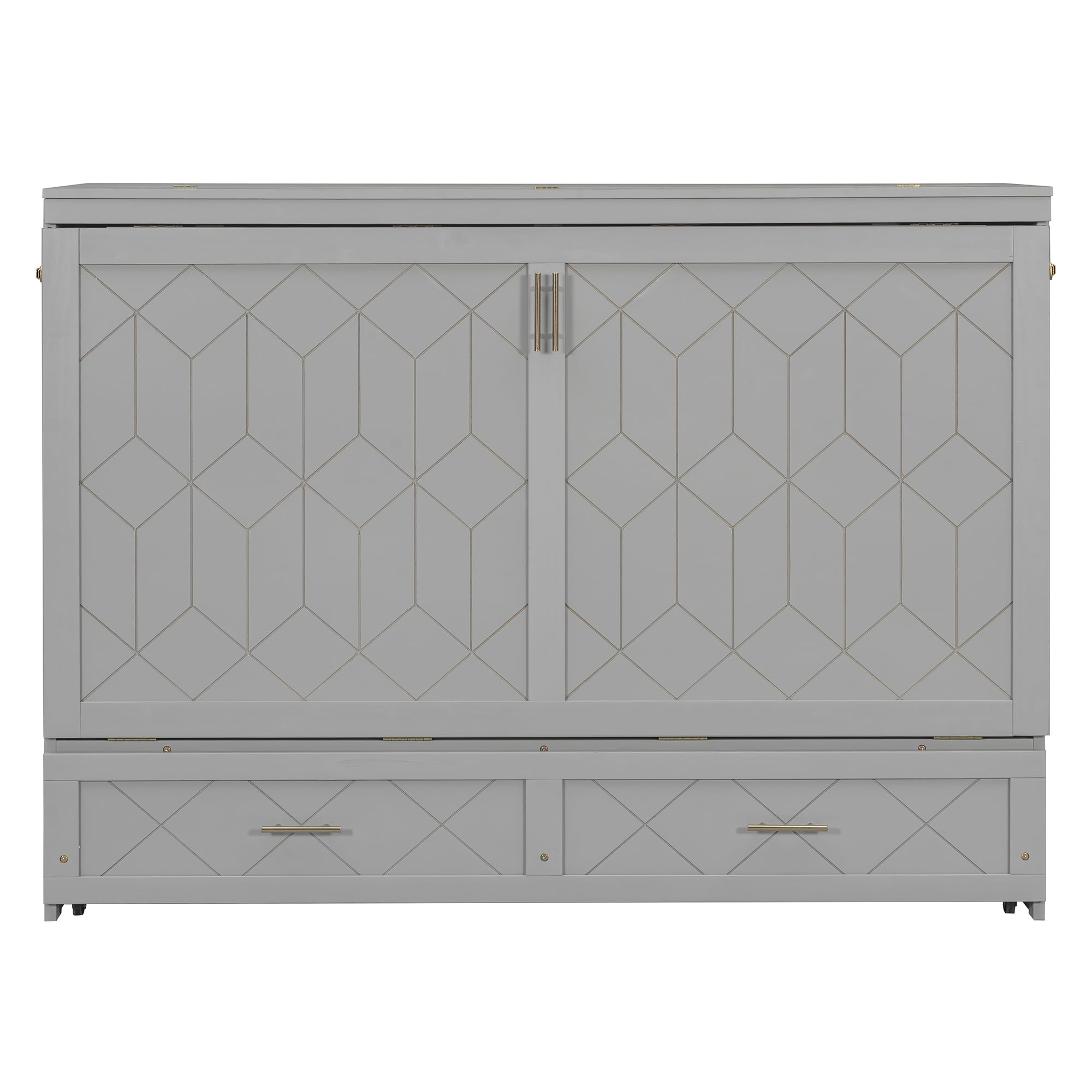 Merax Queen Size Murphy Cabinet Bed with Storage Drawers, Wall Murphy Bed with a Set of Sockets & USB Ports, Folding Platform Bed for Small Room