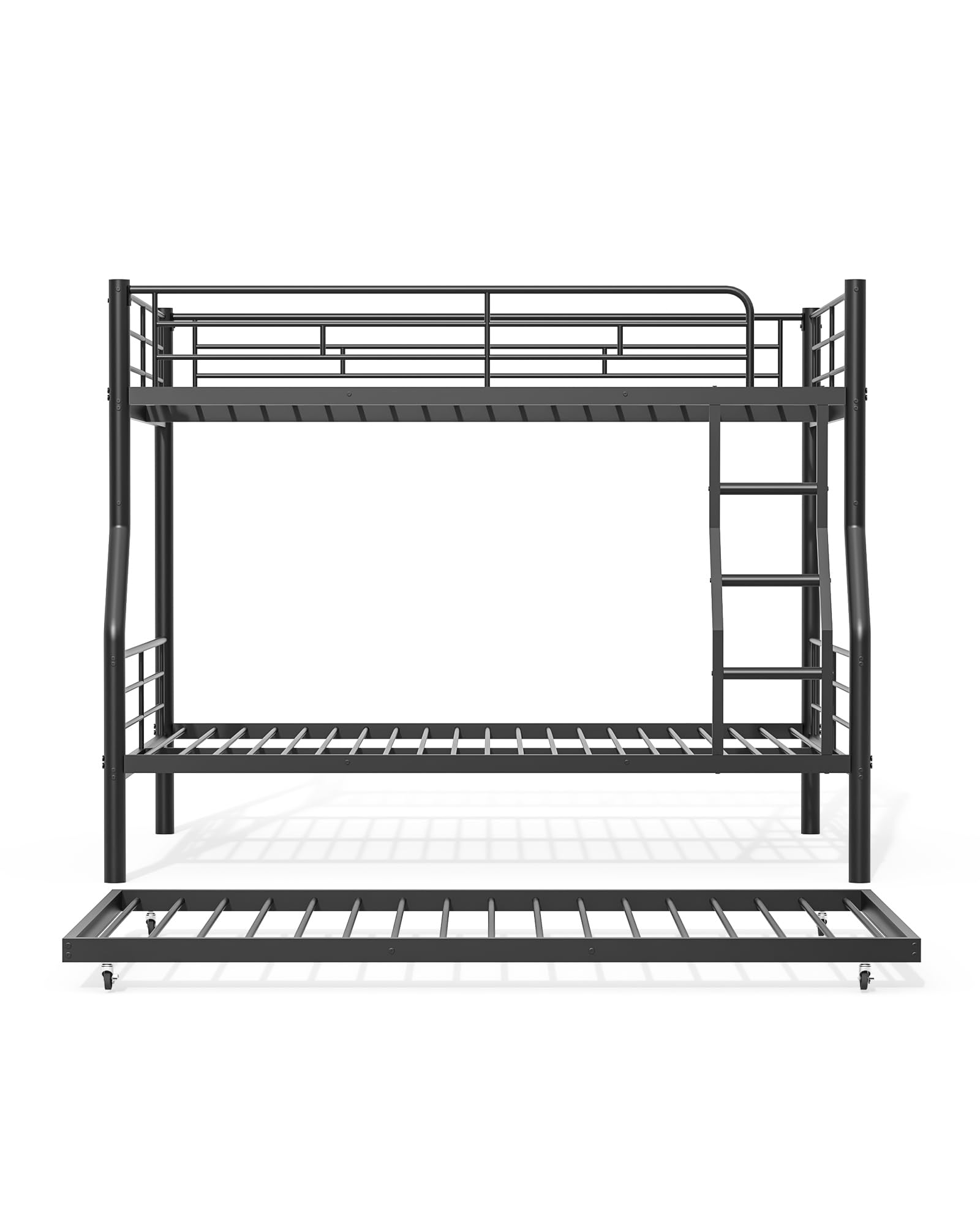 Mixcous Full XL Over Queen Bunk Bed with Trundle, Heavy-Duty Metal Bunk Bed w/Full-Length Guardrail & EVA Padded Ladder, Convertible to 3 Separate Beds for Adults, Teens, Noise-Free, Black