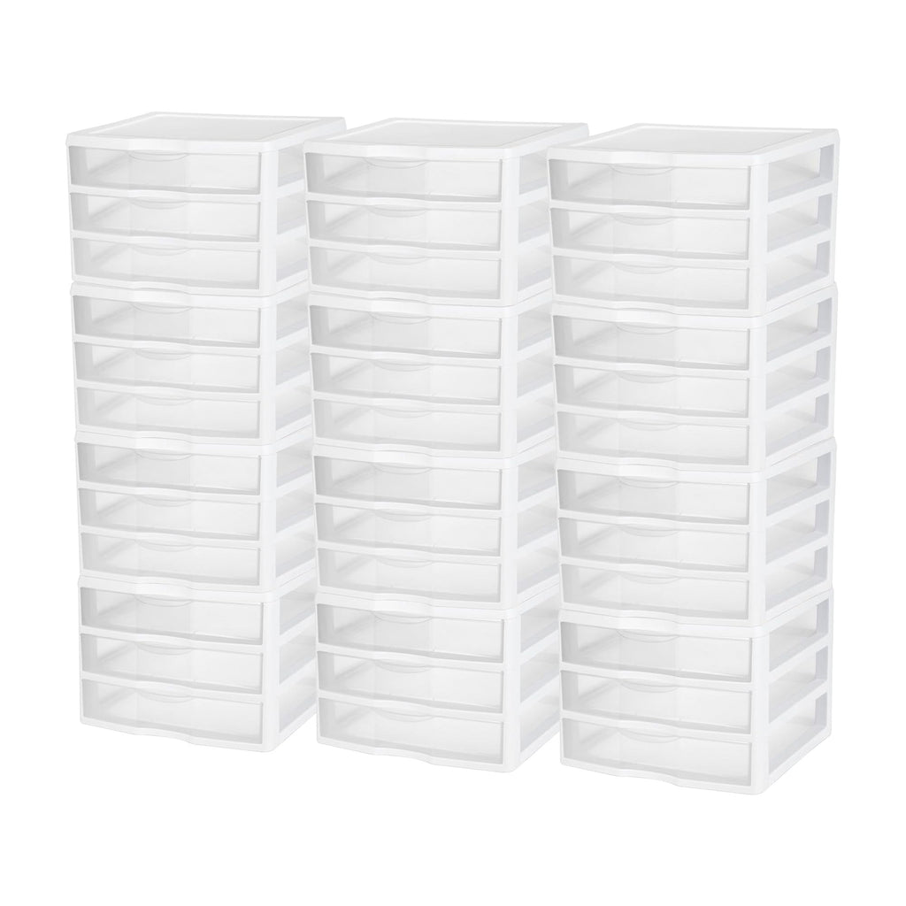 Sterilite 12-Pack Wide 3 Drawer Unit, Plastic Desktop Organizer with Clear Drawers, White Frame - Stackable Multi-Purpose Storage for Office Supplies, Craft Rooms, Classrooms and Home Organization