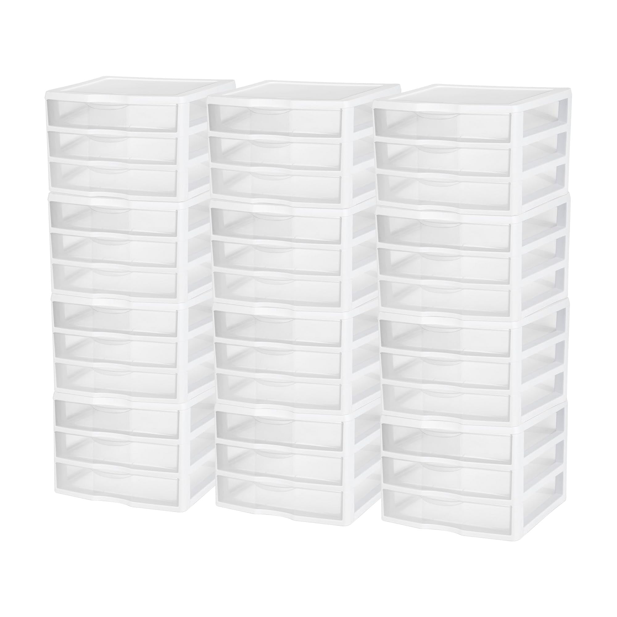 Sterilite 12-Pack Wide 3 Drawer Unit, Plastic Desktop Organizer with Clear Drawers, White Frame - Stackable Multi-Purpose Storage for Office Supplies, Craft Rooms, Classrooms and Home Organization