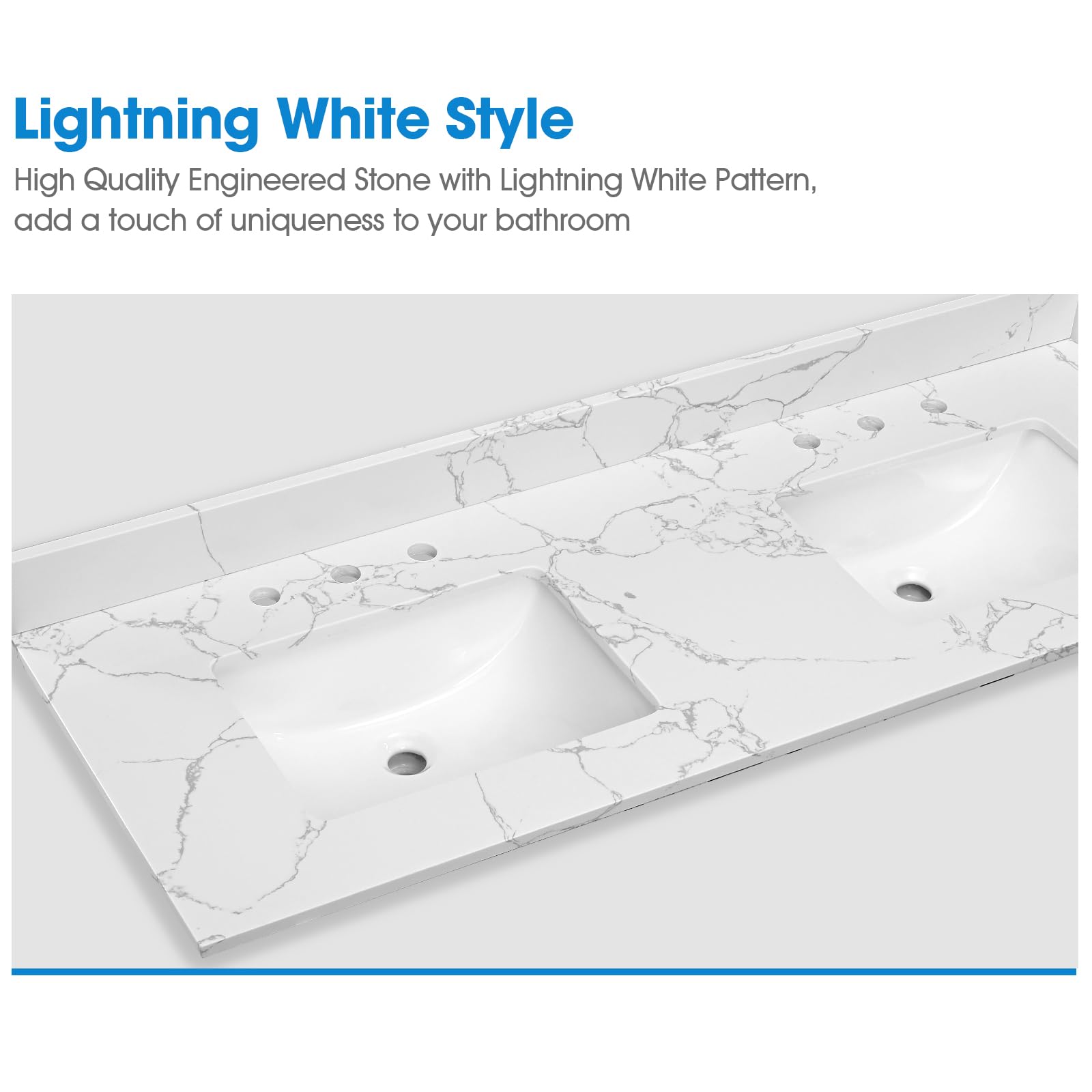 EQLOO 60 Inch Engineered Stone Bathroom Vanity Sink Top, with Undermount Rectangular Double Sinks, Vanity Countertop with 8 inch Faucet Hole Spacing and Backsplash in Lightning White