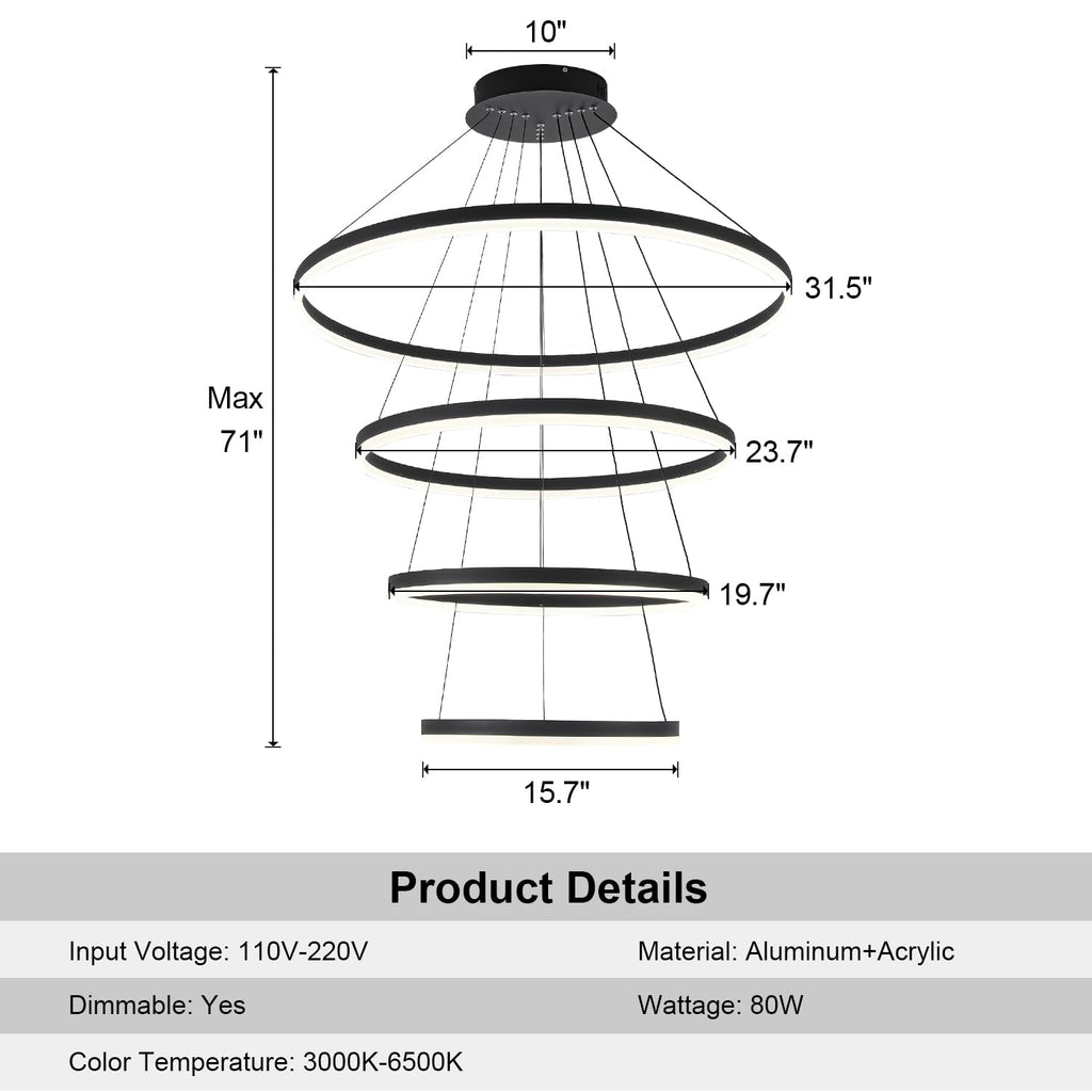 XGZL · LIGHTING 4-Rings Modern LED Chandelier Black Contemporary for Living Room, Dimmable Flush Mount High Ceiling Pendant Light with Remote Control for Staircase Dining Room(D31.5’’, 3000K-6500K)