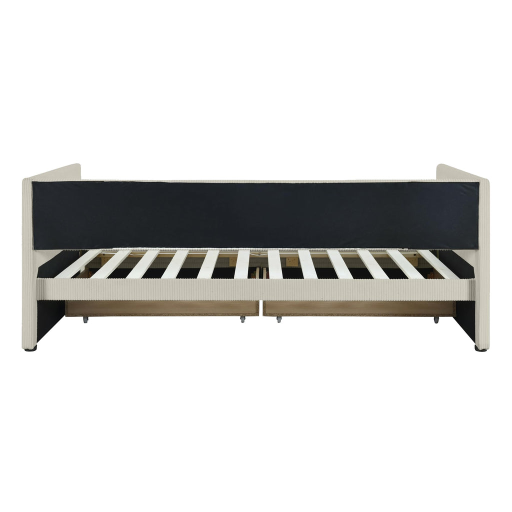Merax Twin Size Corduroy Daybed with Two Drawers and Wood Slat,Sofa Bed Frame for Bedroom,Teens,Beige