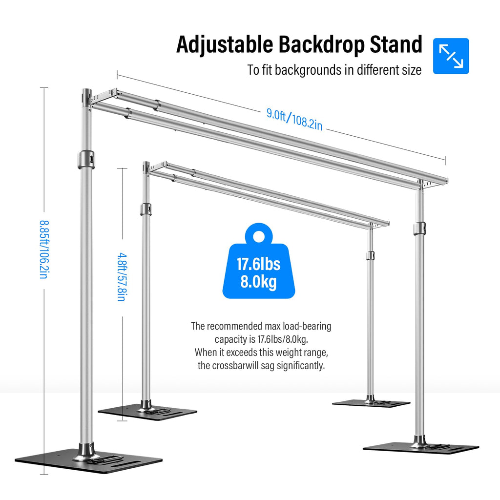soonpho Pipe and Drape Backdrop Stand, Double Heavy Duty Backdrop Stand Adjustable Telescopic Metal Frame with Wide Flat Bases for Stability for Wedding, Photo Booth, Party & Event Decorations