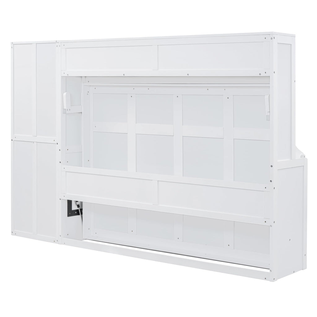 Merax Queen Size Murphy Bed, Modern Wall Bed with Storage Cabinets & Drawers, Space-Saving Foldable for Bedroom Guest Room Home Office Small Apartment, White