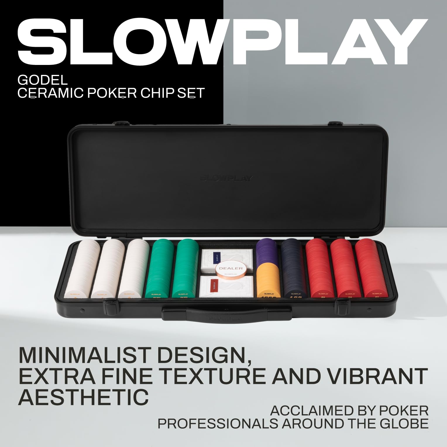 SLOWPLAY Godel Ceramic Poker Chips Set for Texas Hold'em, 500 PCS [with Numbered Values], 43mm & 12g Each | Features a High-end Chip case with Extra Durable German Polycarbonate Shell