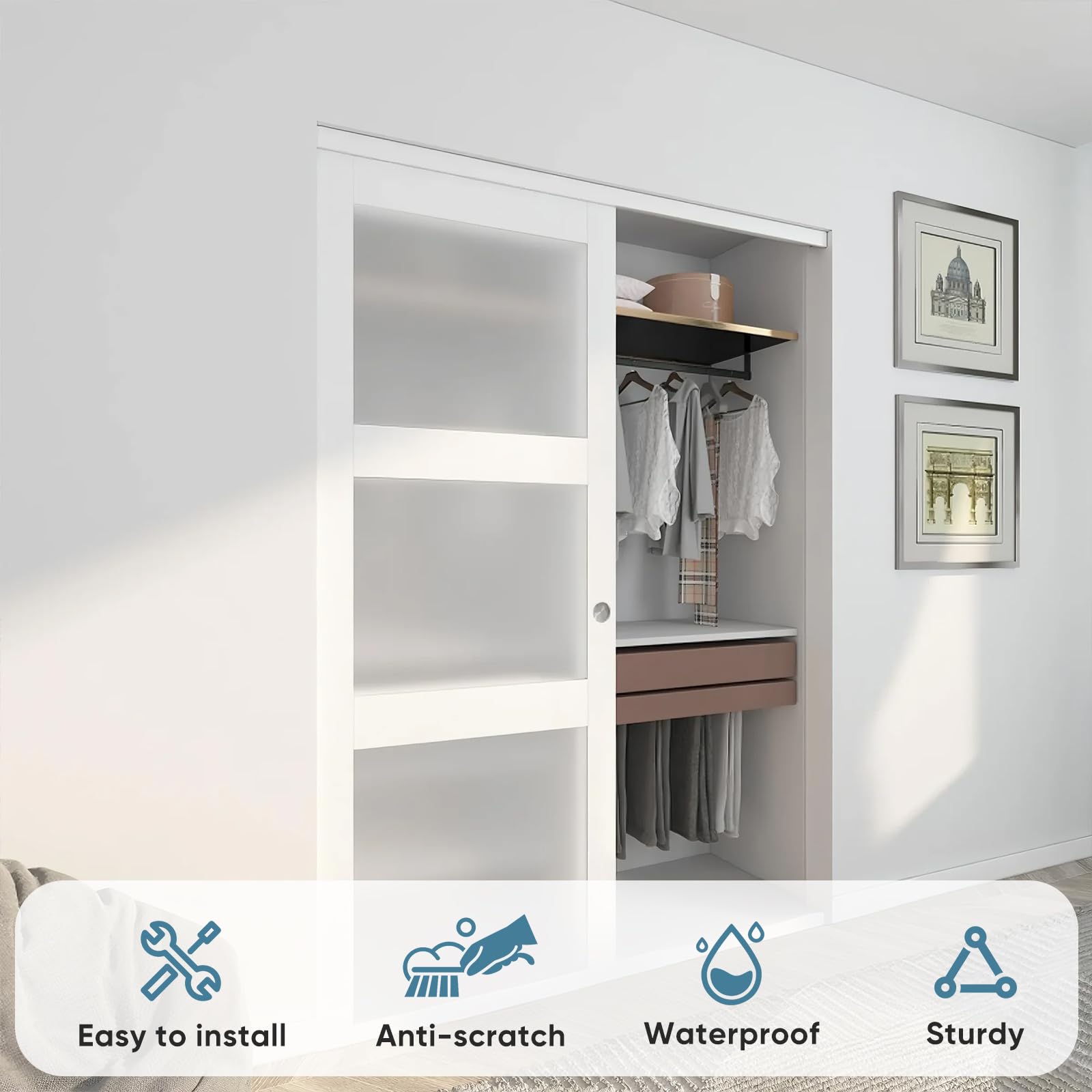 JUBEST Sliding Closet Door 60"(Double 31") x 80", 3-Lite Frosted Glass Bypass Door with Hardware Kit & Matching Fascia, Pre-Drilled Solid Wood Slab with Water-Proof PVC Surface, Easy to Install, White