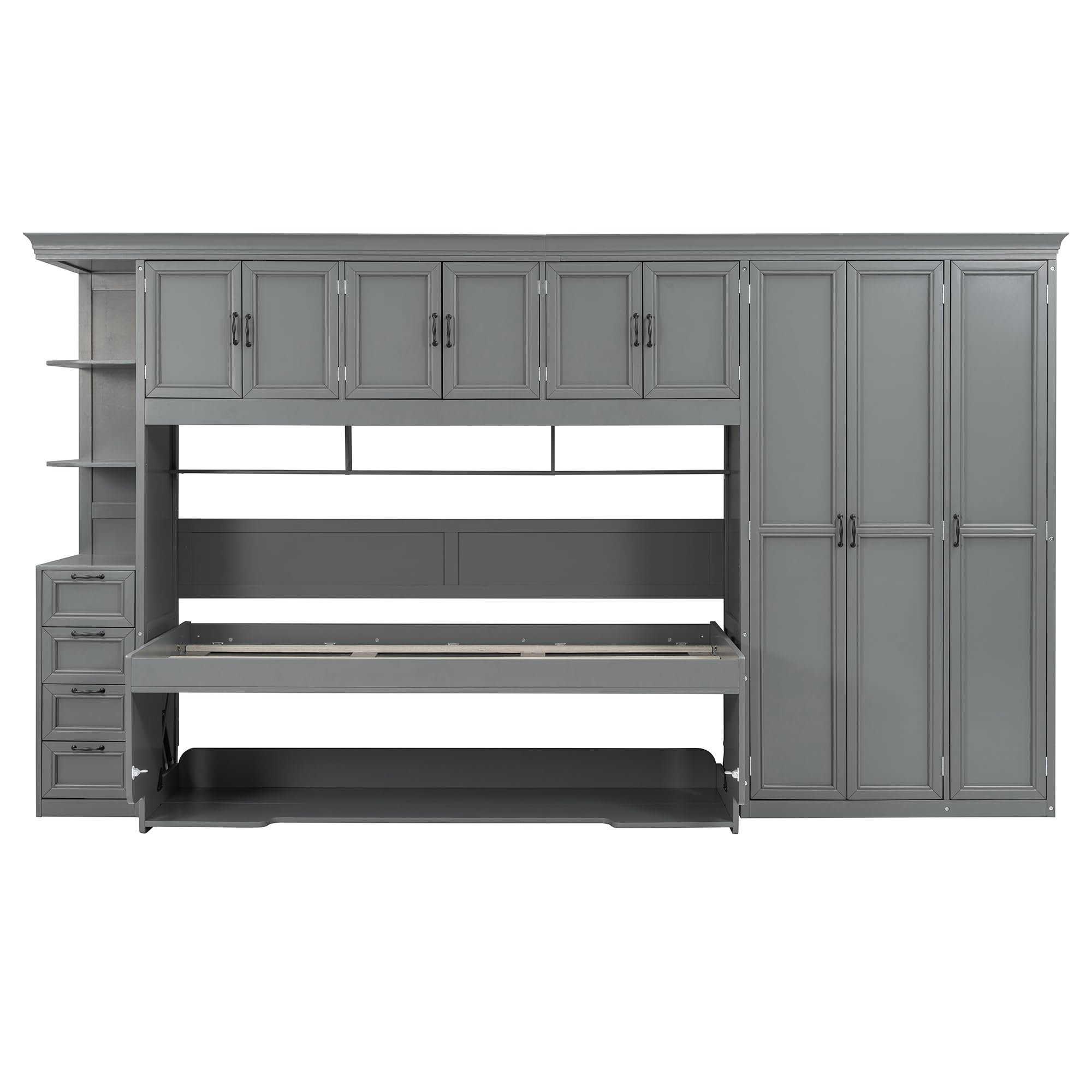 DNYN Murphy Bed with Top Cabinets and Wardrobe, Space-Saving Foldable Wall Bed Frame with Storage Drawers/Shelves/Desk for Bedroom Guest/Study Room, No Box Spring Needed