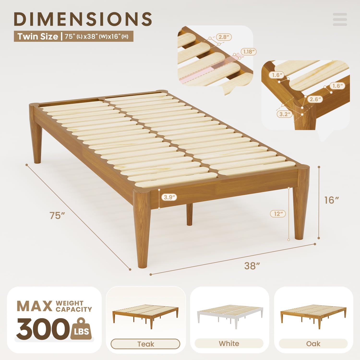 IOTXY Twin Platform Bed Frame - Solid Wood 16-Inch Height Mattress Foundation Base with Densely Slats and Heavy-Duty Support Legs, No Box Spring Needed, Teak