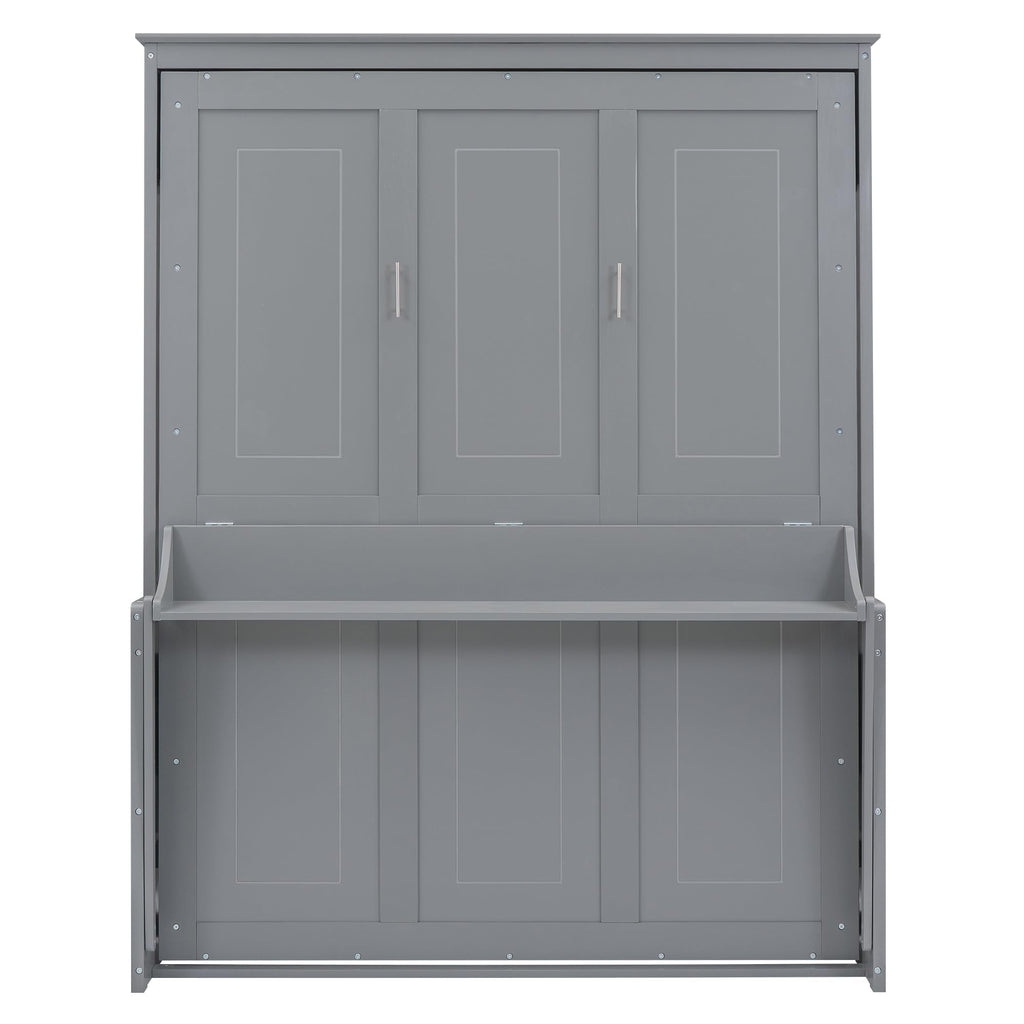 Bellemave Queen Size Murphy Bed with a Shelf, Easy Fold Wood Wall Bed, Space-Saving Wall Bed for Guest Room or Home Office, No Box Spring Needed, Noise Free (Gray)