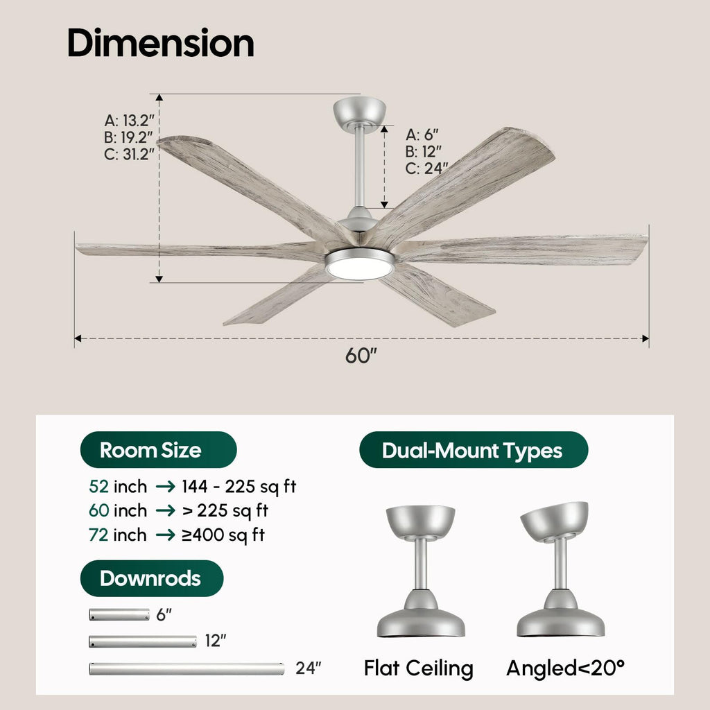 60 Inch Farmhouse Rustic Ceiling Fan with Light, Modern Smart Alexa/APP /Remote Control, Outdoor Fans for Patio Damp Rated, 6 Solid Wood Blades, High CFM Quiet DC Motor for Indoor Living Room Bedroom