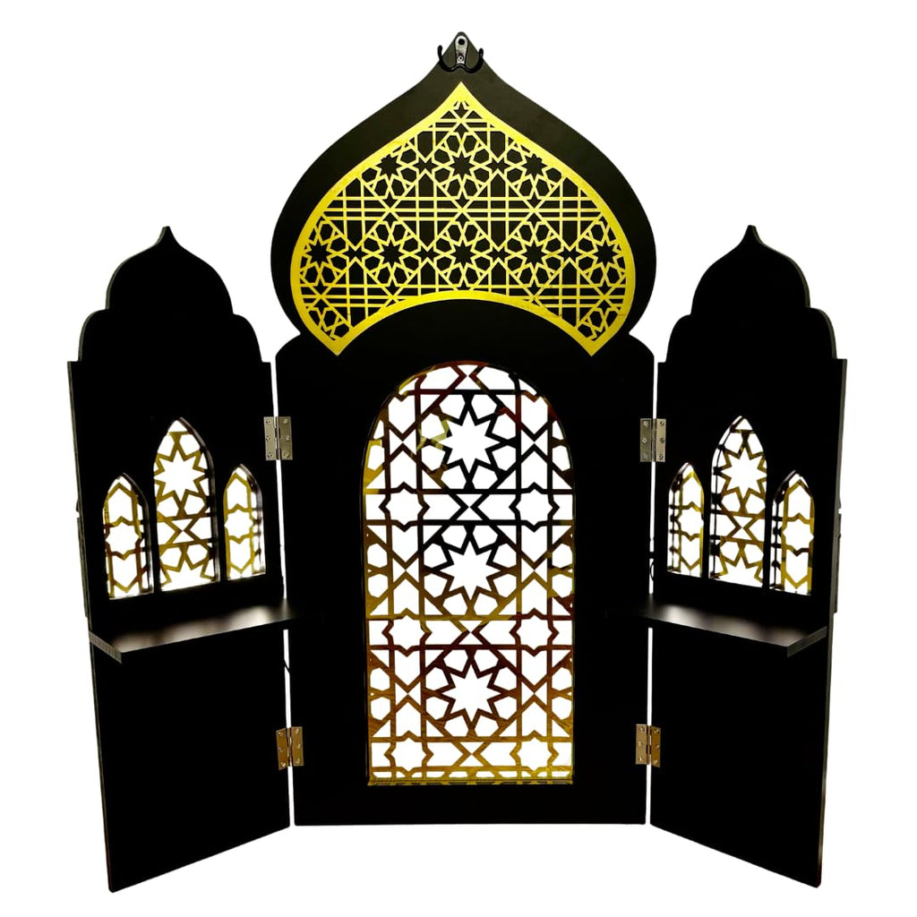 3 Panel Room Divider Folding Privacy Freestanding Partition Portable Wall for Prayer Room Privacy Screen Islamic Theme Room Divider Wood 3ft Ramadan Decorations 39.5"x38.5" (Black Gates)