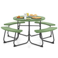 HAPPYGRILL 8-Person Picnic Table Bench Set with Umbrella Hole, 43” Outdoor Dining Table w/4 Benches, Wood-Like Texture Tabletop, Stable U-Shaped Base, Round Table for Backyards, Green