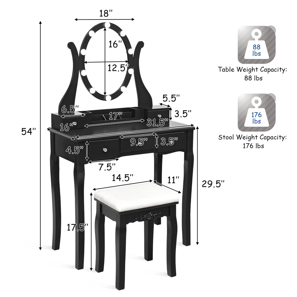 LDAILY Vanity Set with 10 Dimmable LED Bulbs, Vanity Desk with Rotating Lighted Mirror, Cushioned Stool & 5 Drawers, Modern Easy Assembly Bedroom Dressing Table for Girls Women (Black)