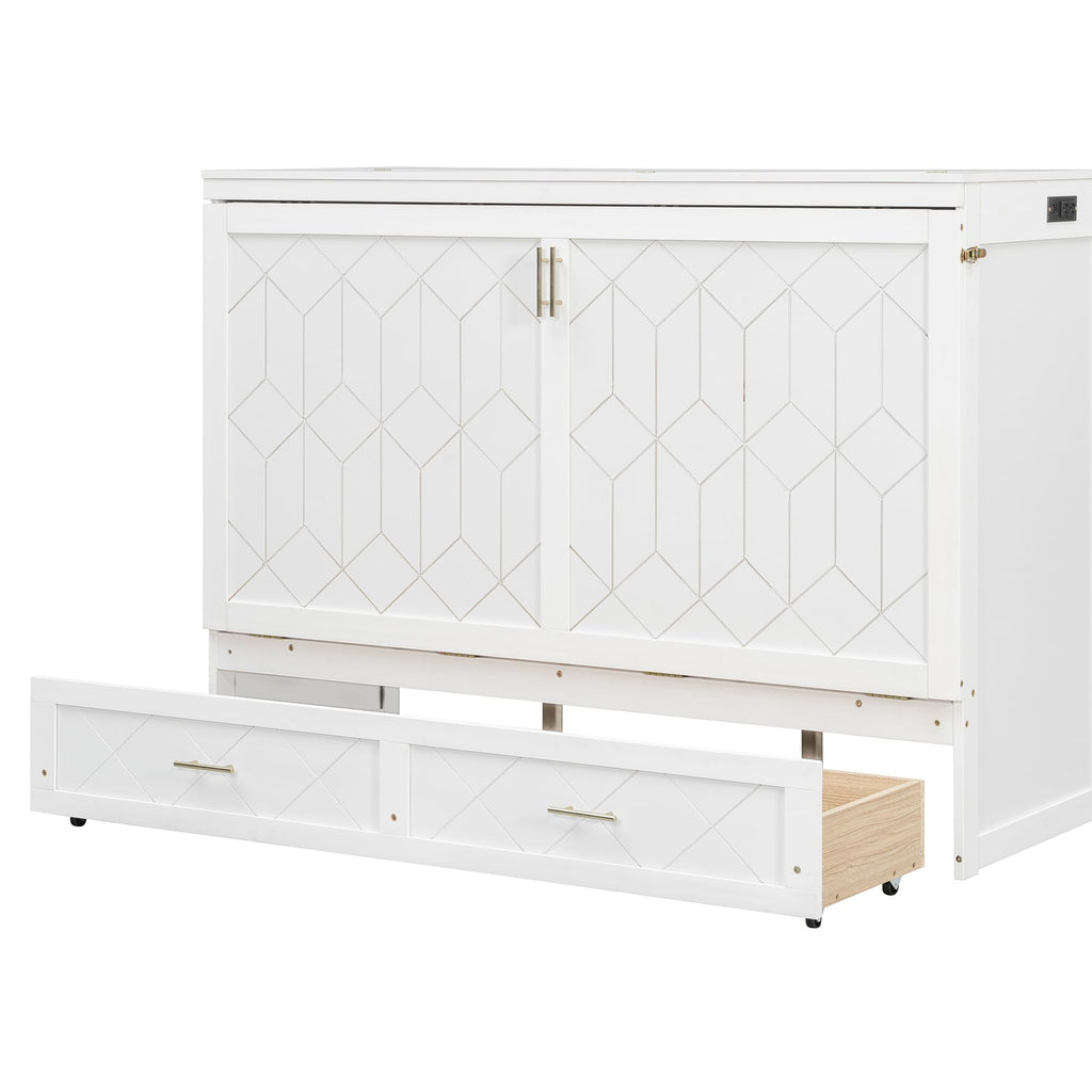 Merax Queen Size Murphy Cabinet Bed with Storage Drawers, Wall Murphy Bed with a Set of Sockets & USB Ports, Folding Platform Bed for Small Room