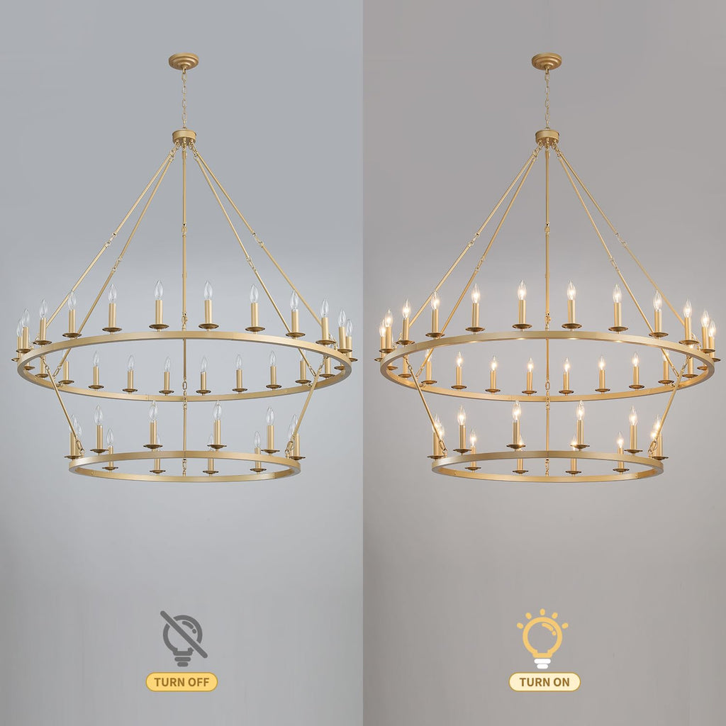 QJMPP Gold Wagon Wheel Chandelier 2 Tier 53-Inch 36-Light,Extra Large Circle Rustic Farmhouse Light Fixture,Round Metal Chandeliers for Foyer Entryway Dining Room Living Room High Ceilings