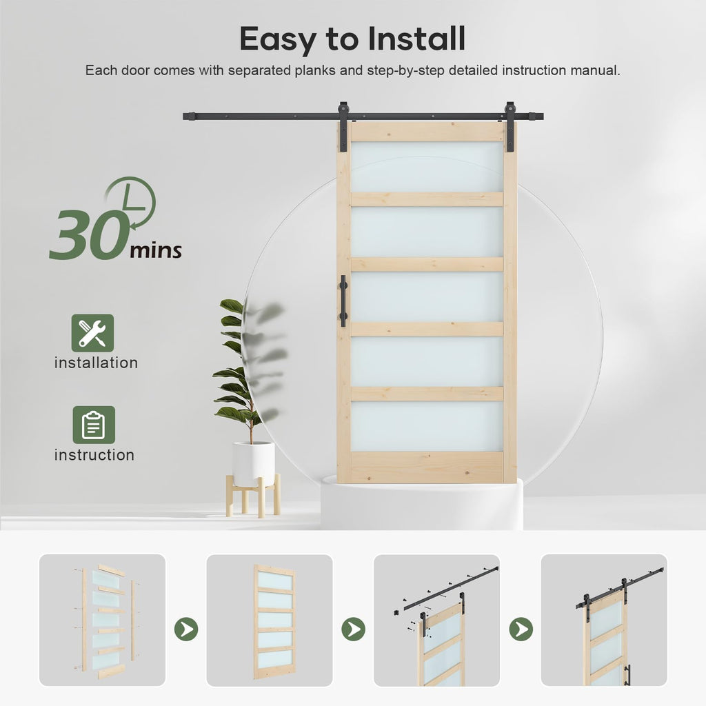 ROYMELO 42x84 inch Glass Sliding Barn Door Slab with 7ft Hardware Kit Included, 5-Panel Frosted Glass, Spruce Wood Support DIY Dyeing, Easy Assembly