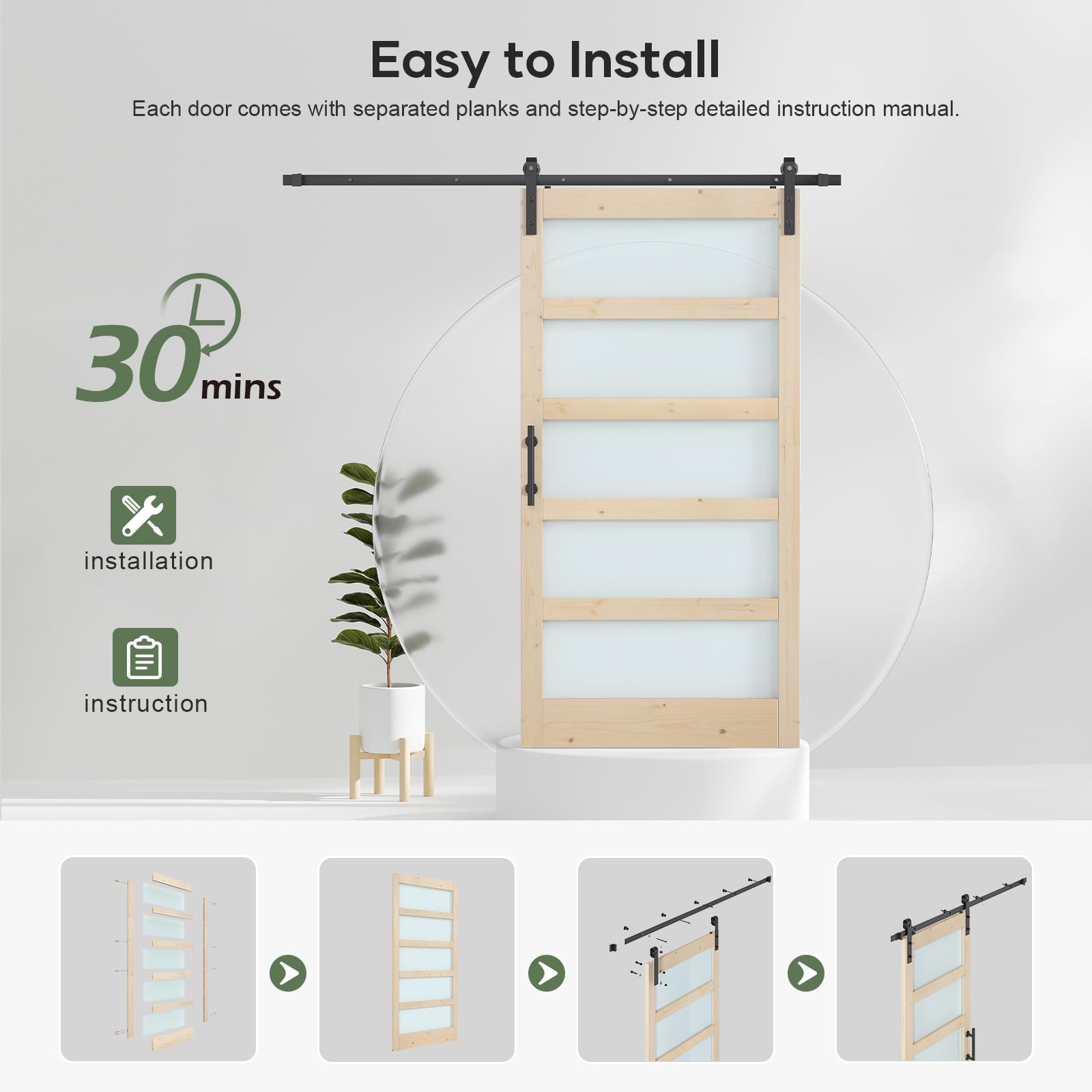 ROYMELO 42x84 inch Glass Sliding Barn Door Slab with 7ft Hardware Kit Included, 5-Panel Frosted Glass, Spruce Wood Support DIY Dyeing, Easy Assembly