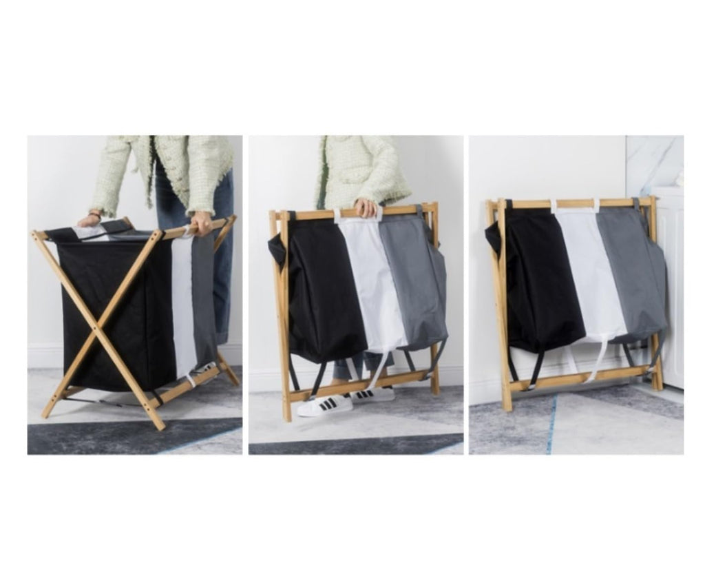 PXIWDAN Laundry Basket Bamboo Laundry Hamper 3 Section Felt Compartment Sorter Bag Basket Removable Clothes Wooden Clothes Hamper