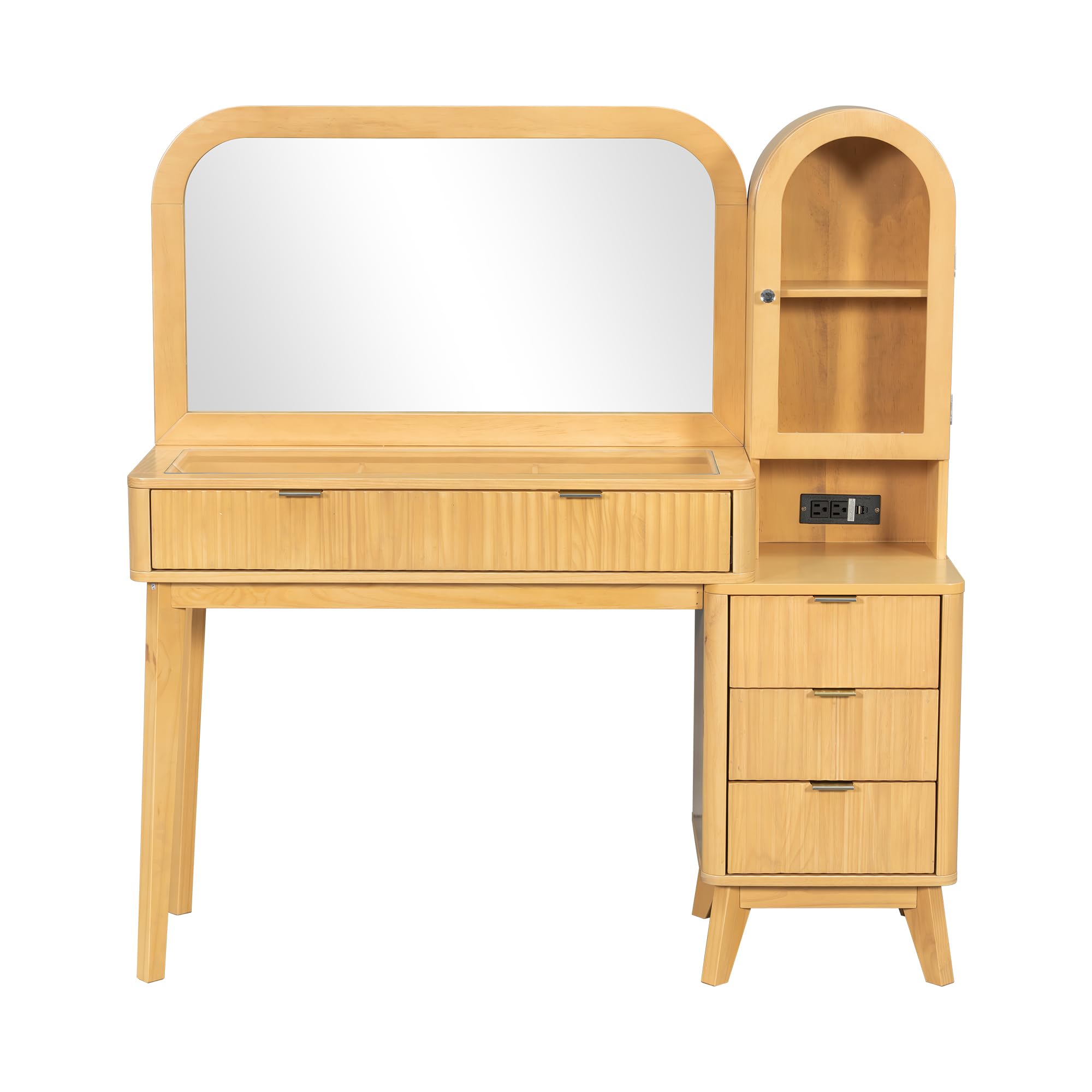 48" Fluted Makeup Vanity Desk with Large 32" Mirror, Modern Glass Top Vanity Table with 4 Drawers & Side Cabinet, Built-In Charging Station, Dressing Table Set for Bedroom, Natural Wood Finish