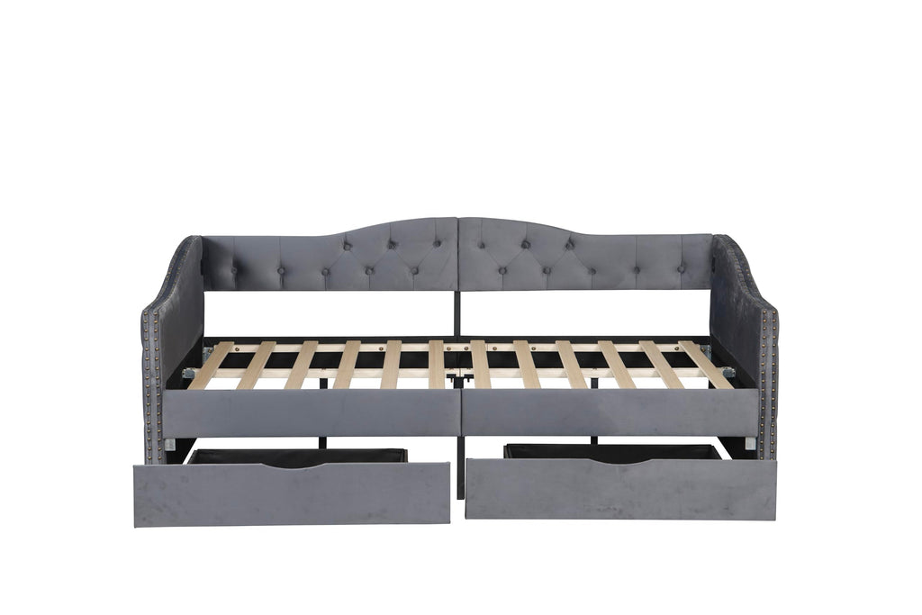 Bellemave Twin Upholstered daybed with 2 Drawers and USB Charging, Velvet Tufted Sofa Bed Twin Size, daybed with Trundle for Adults, Kids, Girls, Teens, for Living Room, Grey