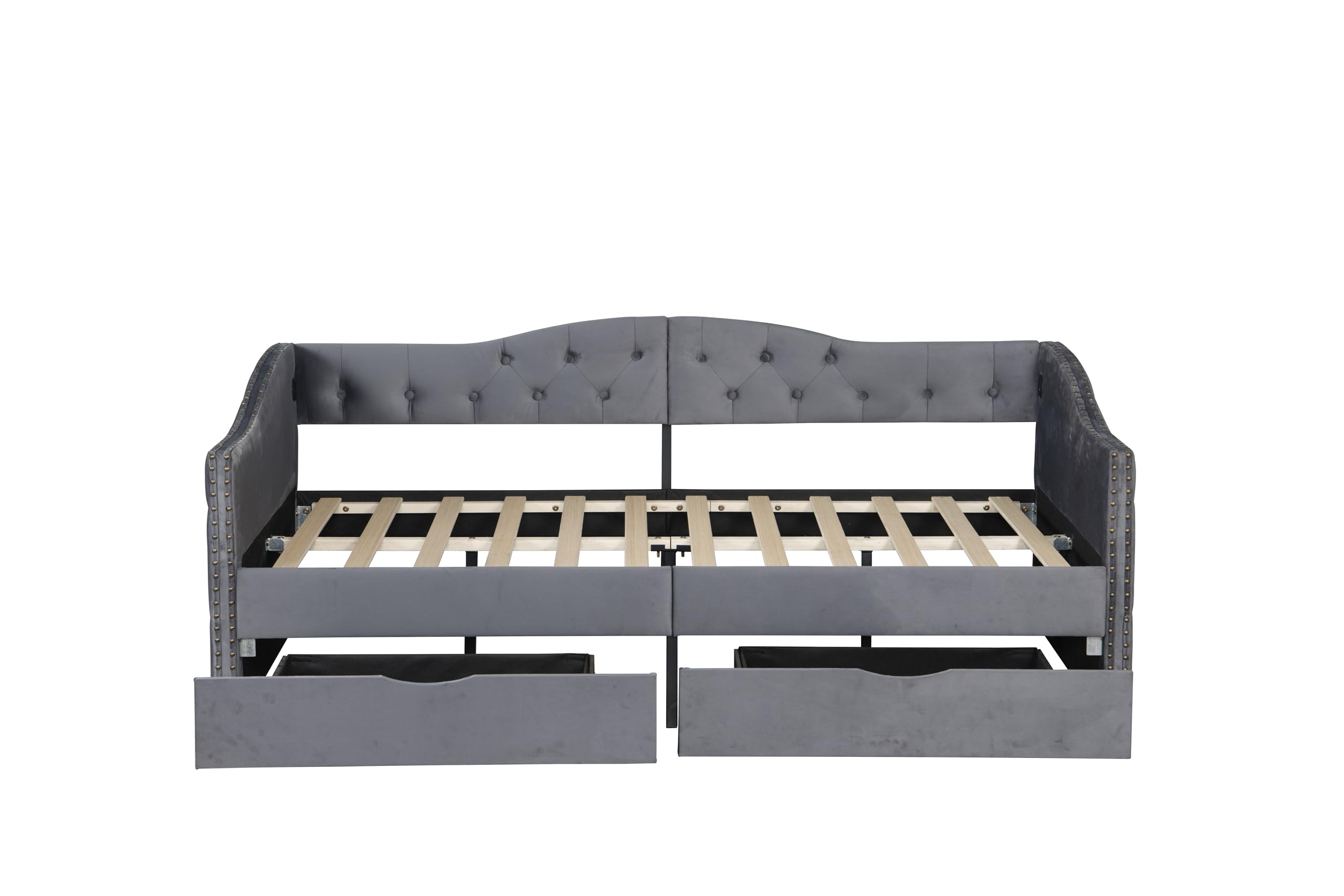 Bellemave Twin Upholstered daybed with 2 Drawers and USB Charging, Velvet Tufted Sofa Bed Twin Size, daybed with Trundle for Adults, Kids, Girls, Teens, for Living Room, Grey