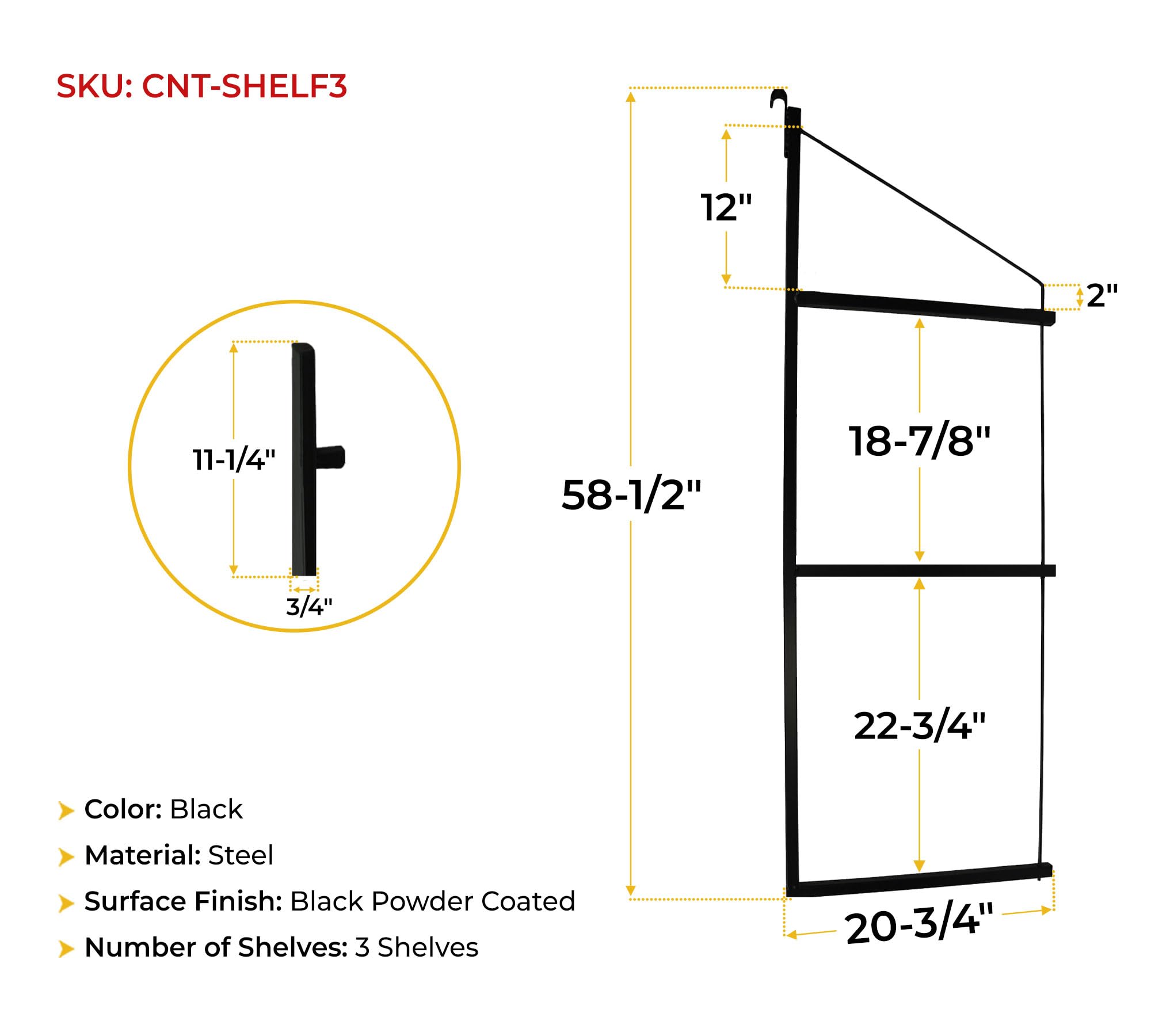 Mytee Products 4 Pack of 3 Tier Shipping Container Shelving Bracket with 18"(D) x 60"(H) - Black Powder Coated Steel Shelf Brackets for Heavy Duty Trailer Containers - Easy to Assemble & Remove