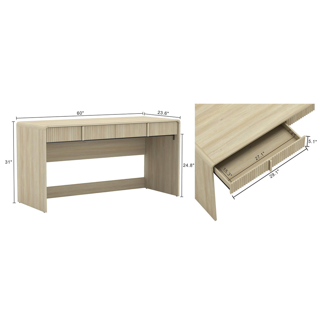 Manhattan Comfort Novara Modern 60" Writing Desk with 2 Smooth-Glide Drawers with Fluted Fronts, Office Desk with Large Work Surface, Stylish Rounded Edges, Whitewashed Oak