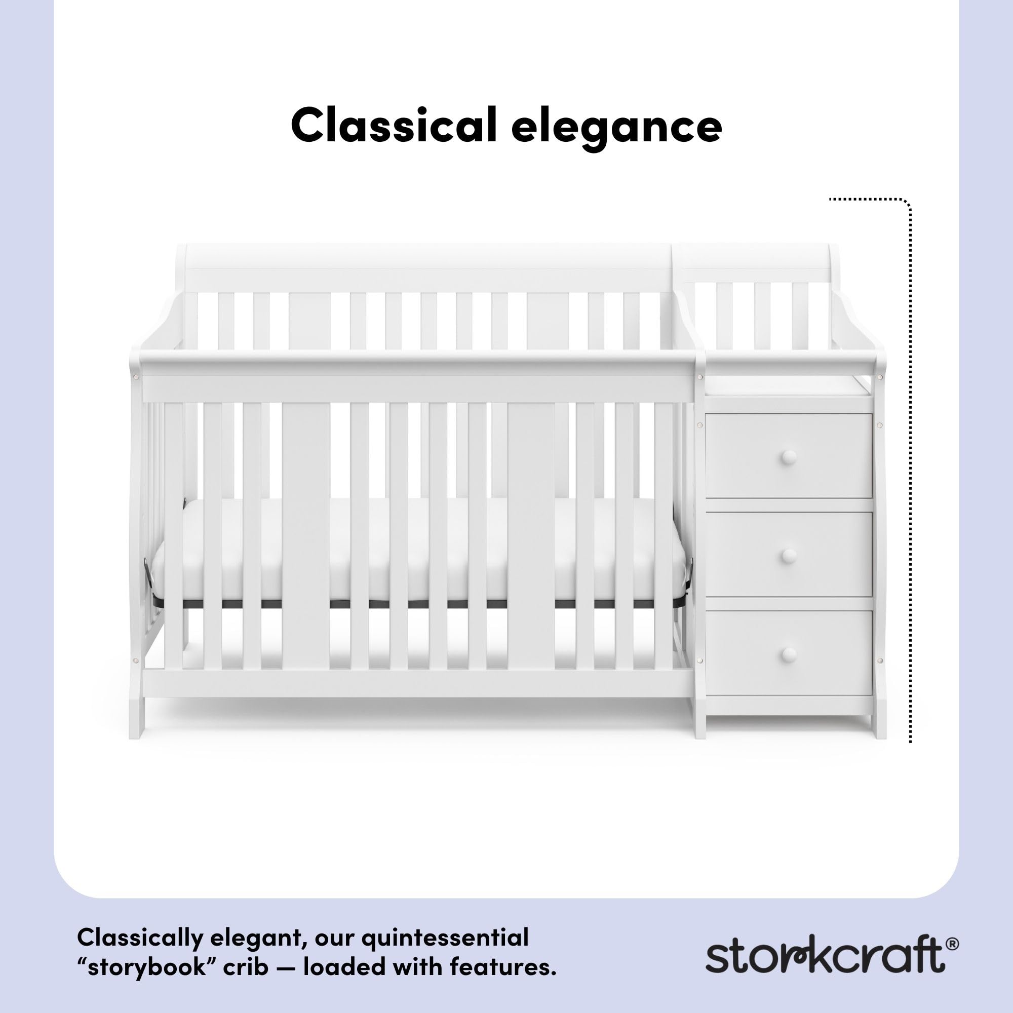 Storkcraft Portofino 5-in-1 Convertible Crib and Changer – Crib and Changing Table Combo with Drawer, Converts to Toddler Bed, Daybed and Full-Size Bed, Storage Drawer (White)