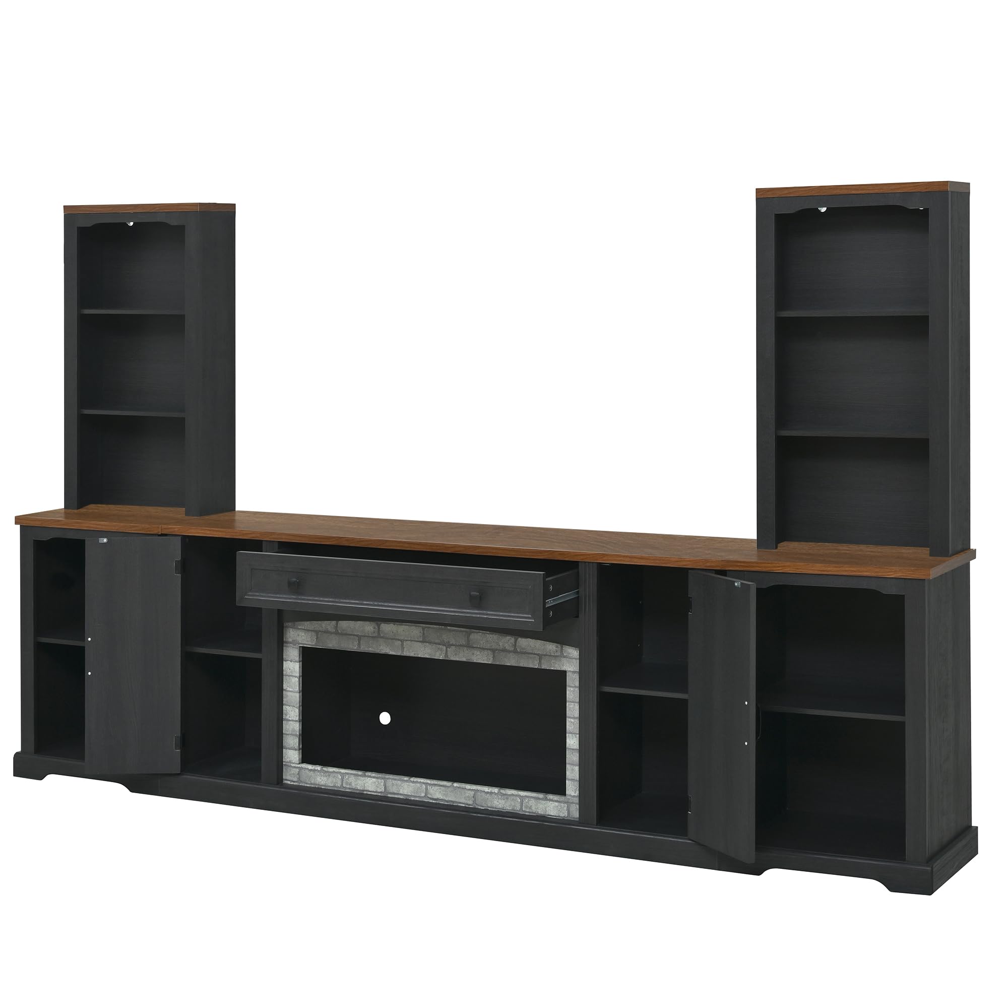 Merax 3-Piece TV Stand Set for TVs up to 70", Farmhouse Entertainment Center with Curved Side Cabinets & Bookshelves, Modular Storage Unit with Drawer and Adjustable Shelves for Living Room, Black