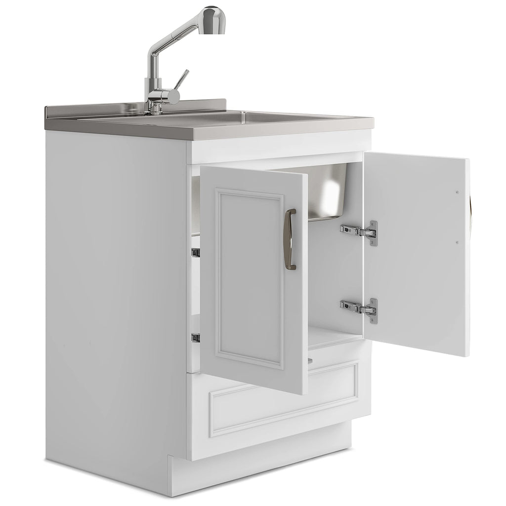 SIMPLIHOME Cardinal All-in-One 28 inch Wide Utility Sink and Laundry Cabinet in Pure White Finish, Transitional Stainless Steel Sink Cabinet for Laundry Rooms with Pull-Out Brushed Nickel Faucet