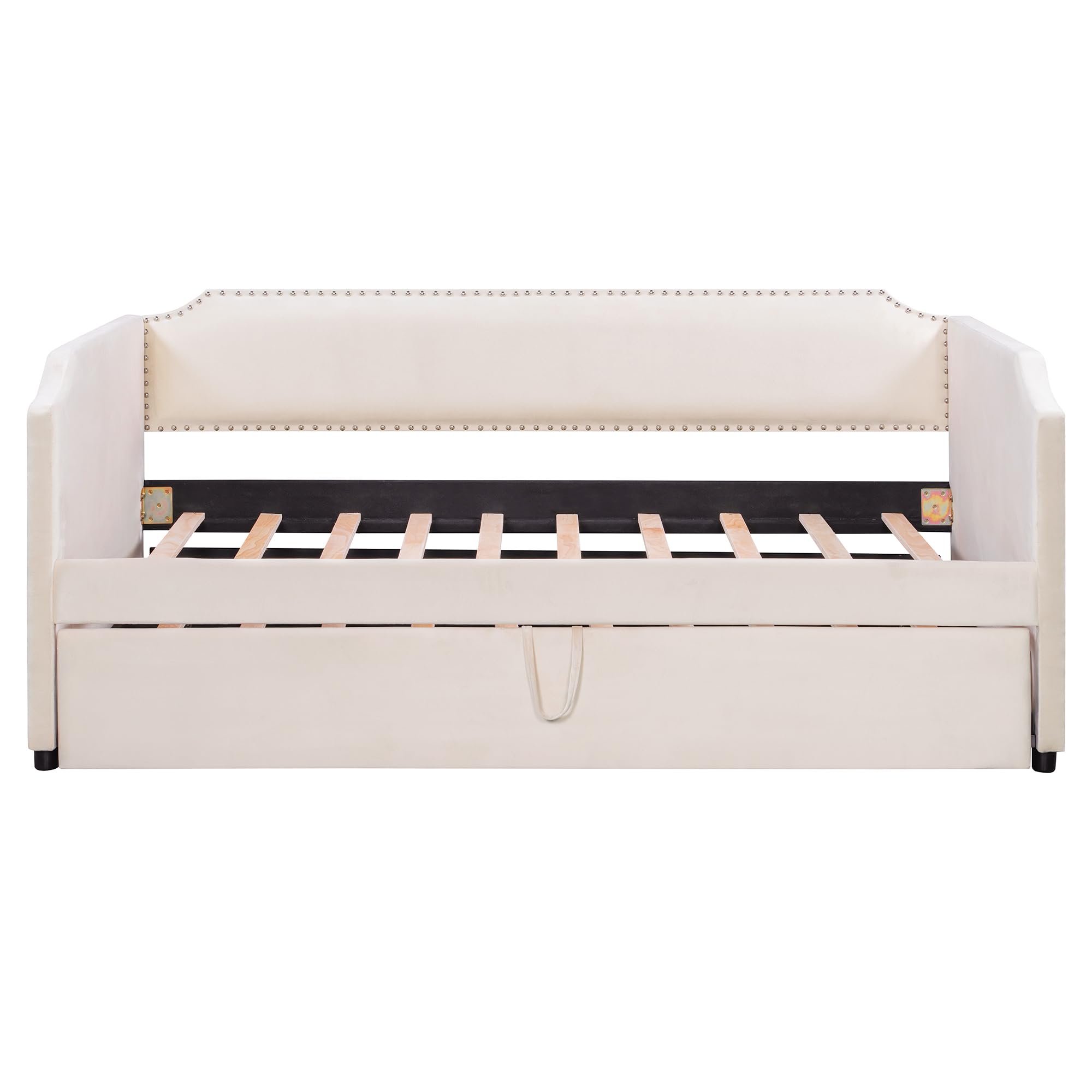 Merax Velvet Upholstered Daybed with Pop Up Trundle Twin to King Desigin, Twin Size Extendable Sofa Bed, Easy Assembly,No Box Spring Needed, Beige