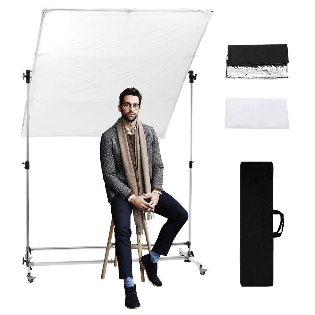 WELLMAKING 79x59 inch Professional Photography Light Diffuser Screen - 360° Rotatable Frame, Quick Setup, Adjustable Stand with Casters for Studio Portrait Video Shooting, White, Silver, Black