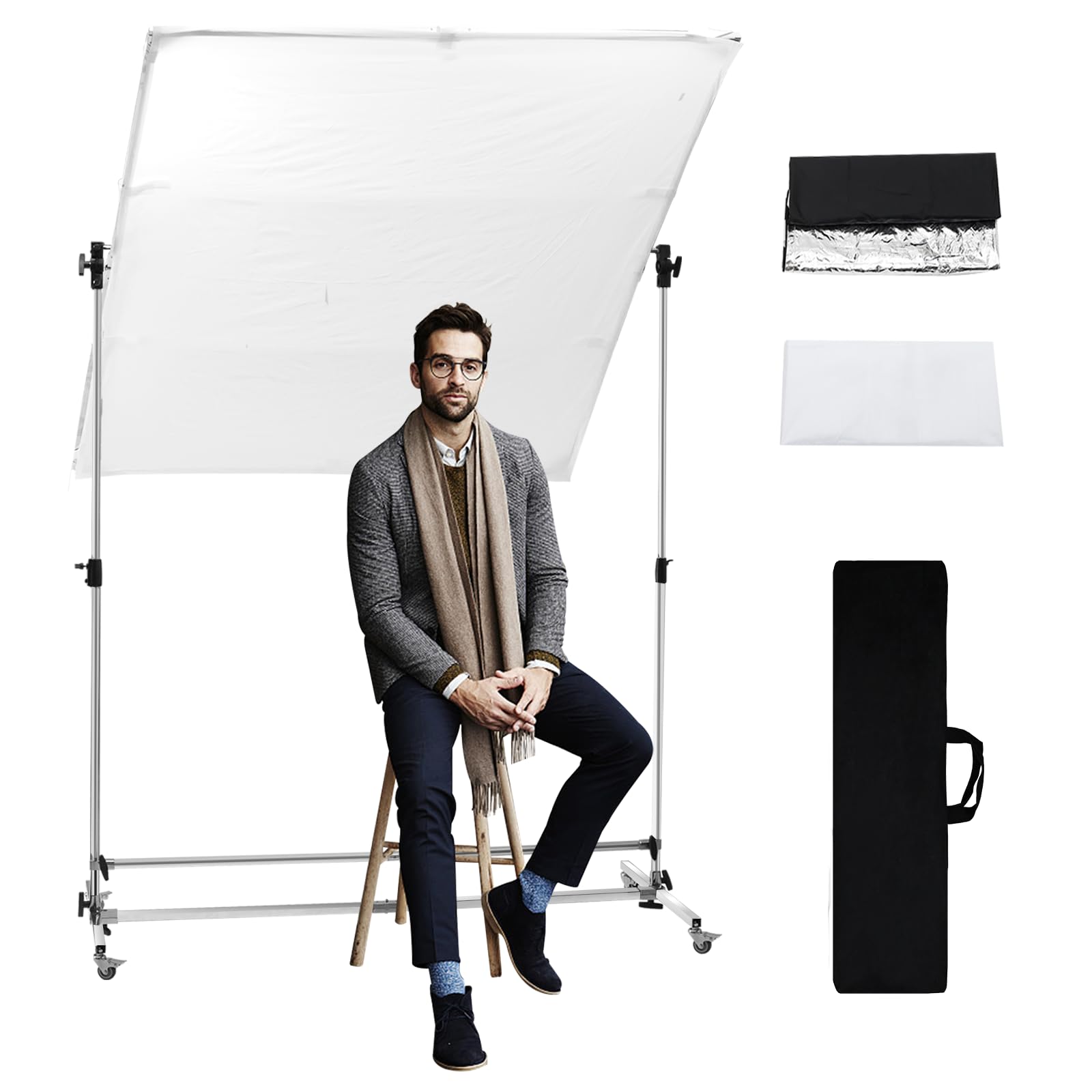 WELLMAKING 79x59 inch Professional Photography Light Diffuser Screen - 360° Rotatable Frame, Quick Setup, Adjustable Stand with Casters for Studio Portrait Video Shooting, White, Silver, Black