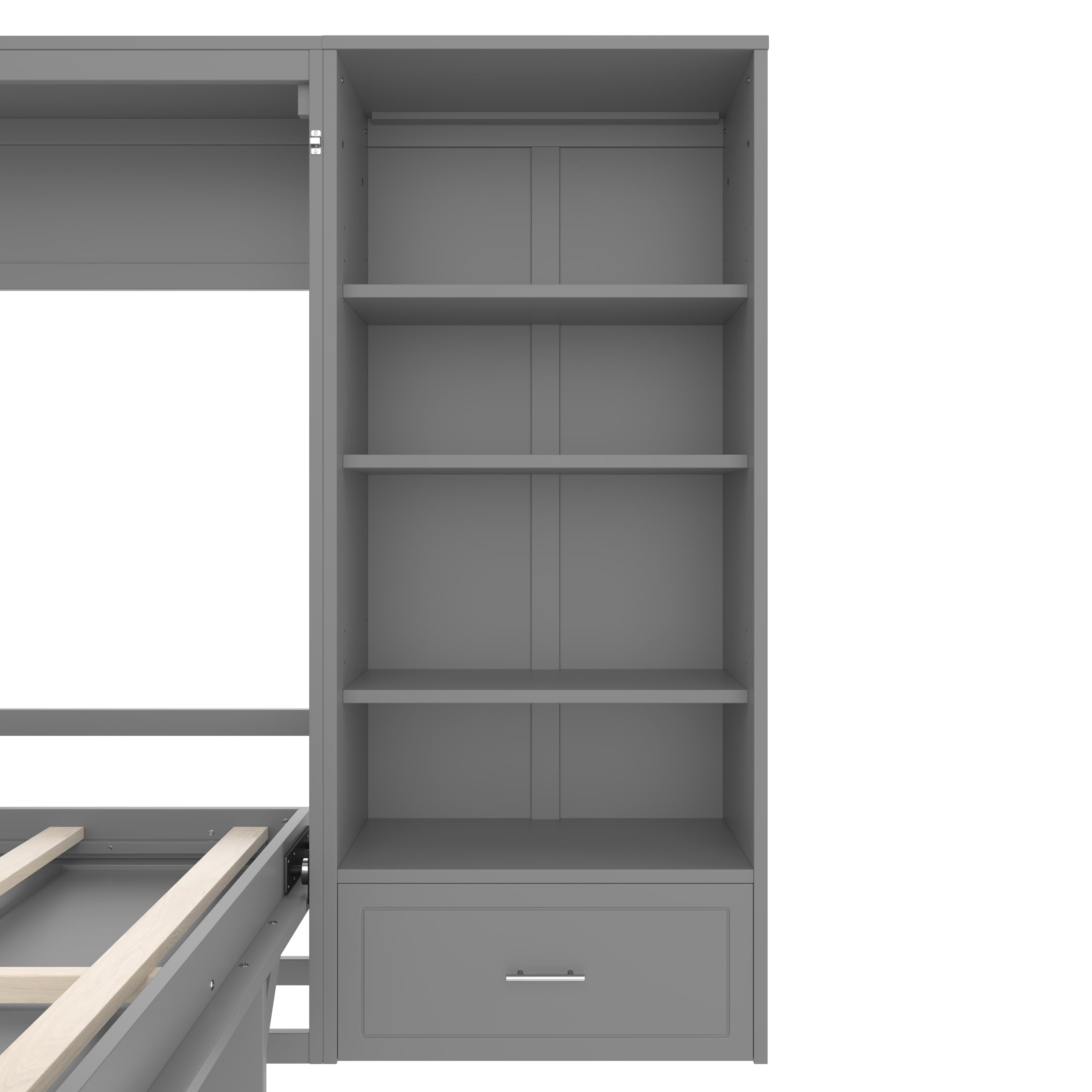 Merax Queen Murphy Bed with 3 Height Adjustable Storage Shelves & 1 Drawer, Wall Bed Frame Multifunctional Foldable Platform Bed for Small Space, Bedroom, Guest Room, Bear 500LBS (Gray)