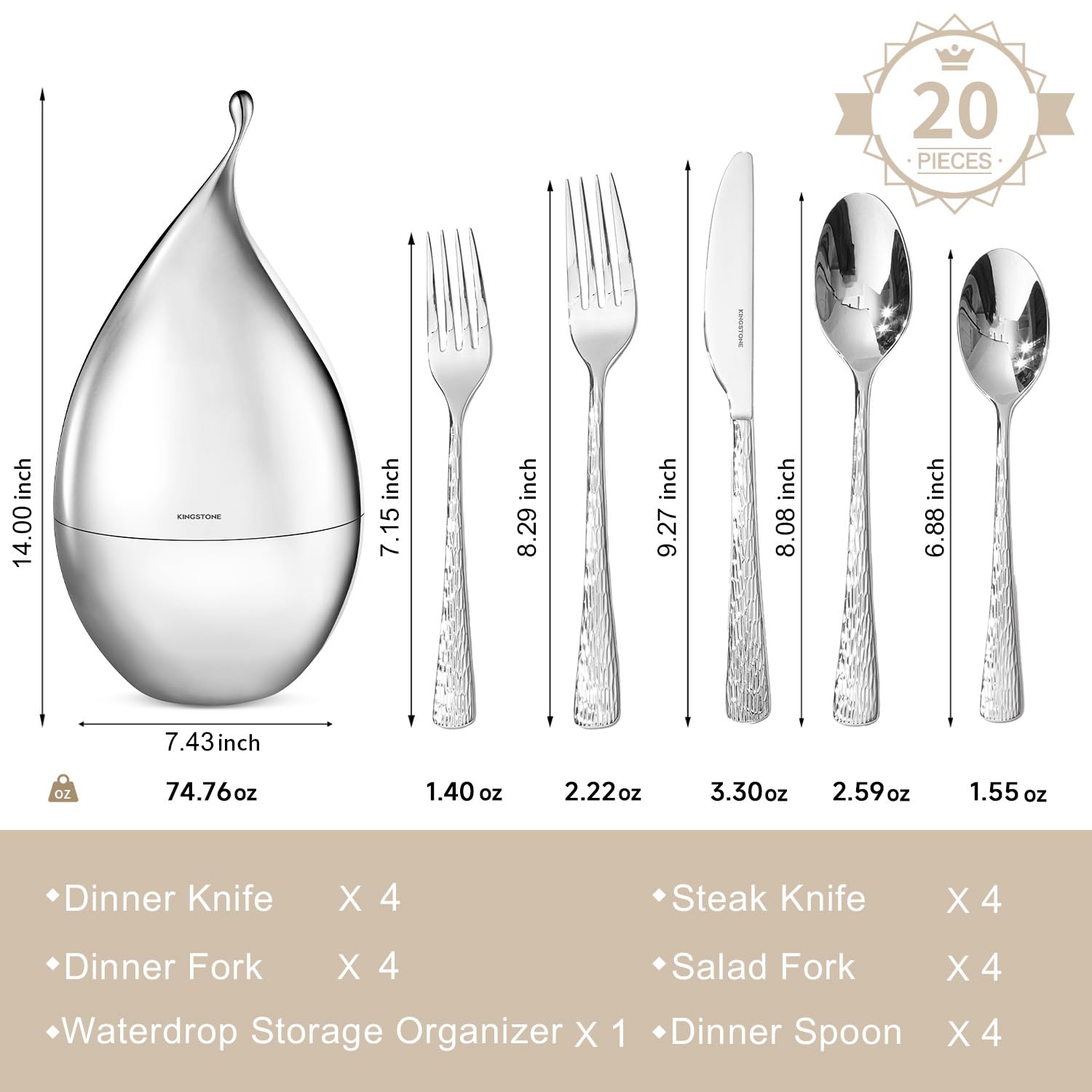 KINGSTONE Silverware Set with Waterdrop Storage Organizer, 20-Piece Flatware Cutlery Set in Gift Box, Forged Premium Stainless Steel Mirror Polished, Service for 4, Ideal for Kitchen, Party, Gift