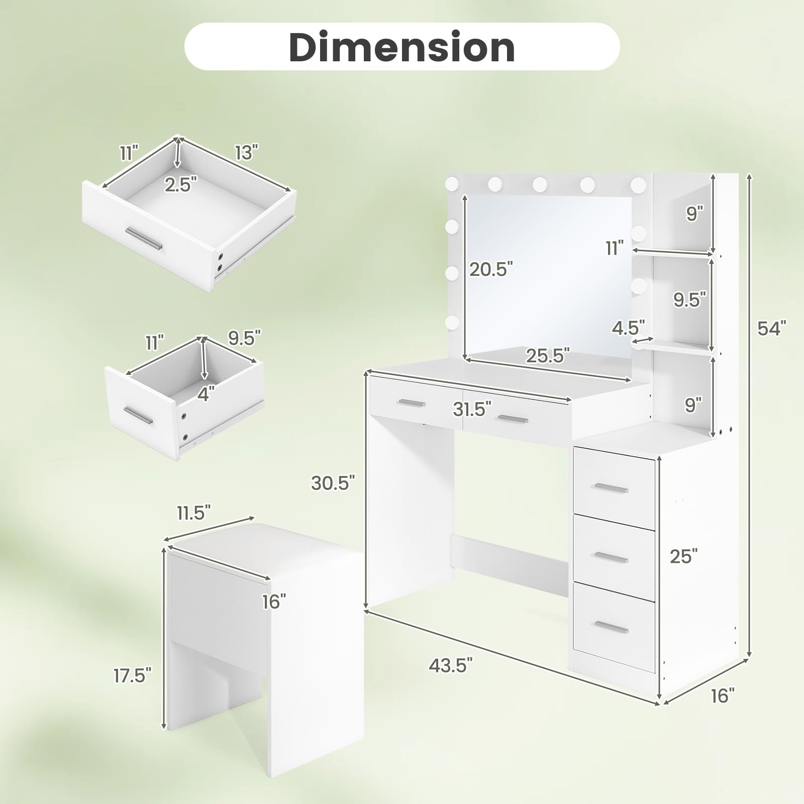 CHARMAID Vanity Desk with Mirror and Lights, White Makeup Vanity Desk with Charging Station, 5 Drawers & 2 Shelves, Storage Stool, 3 Color Lighting Modes, Modern Dressing Table for Bedroom