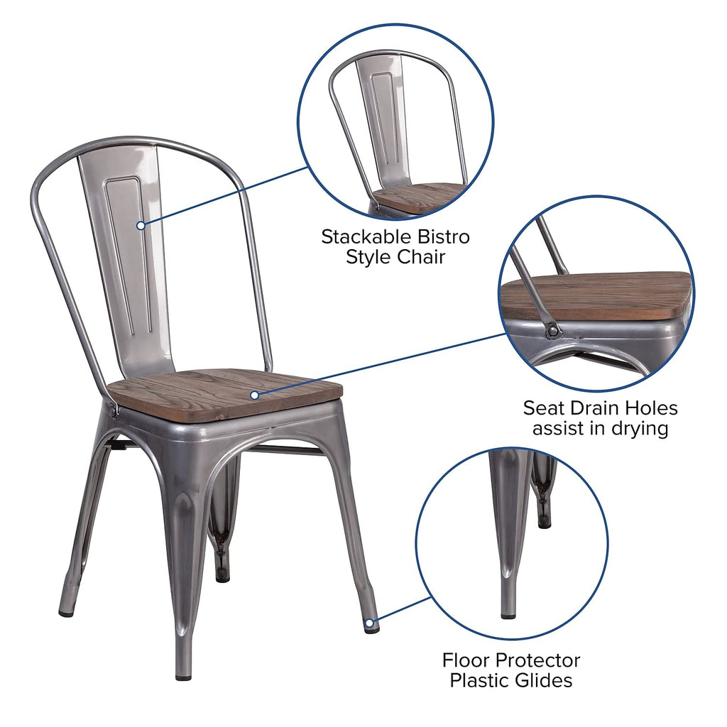 Flash Furniture Lincoln 4 Pack Clear Coated Metal Stackable Chair with Wood Seat