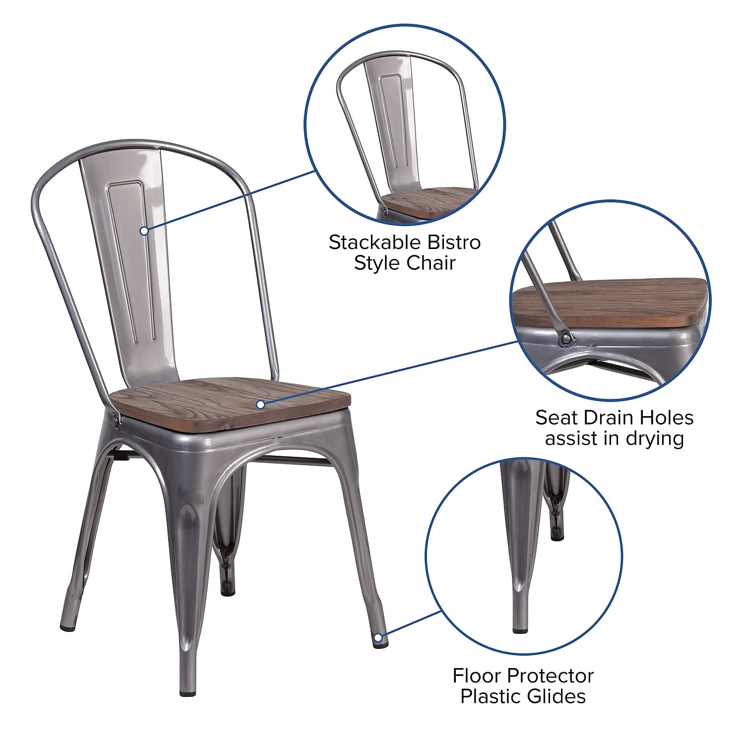 Flash Furniture Lincoln 4 Pack Clear Coated Metal Stackable Chair with Wood Seat