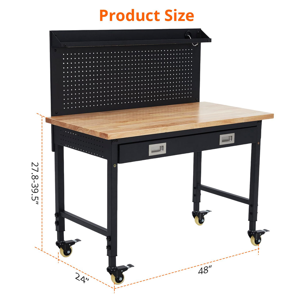 ACONEE 48" Workbench Heavy Duty, Adjustable Height Workstation with Drawer Storage, Backplate, 2000 LB Load Capacity, Multipurpose Rubber Wood Shop Table with Power Outlets, Hooks, Garage Storage