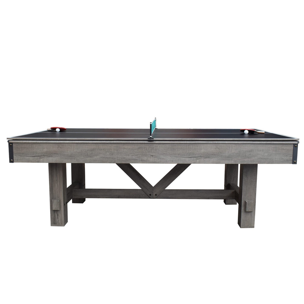Hathaway Logan 7 Foot Pool Table Combo with Benches – Billiard Table with Ping Pong and Dining Tops – Comes with Complete Game Accessories and Built-In Storage - Rustic Gray Barnwood Finish, Blue Felt